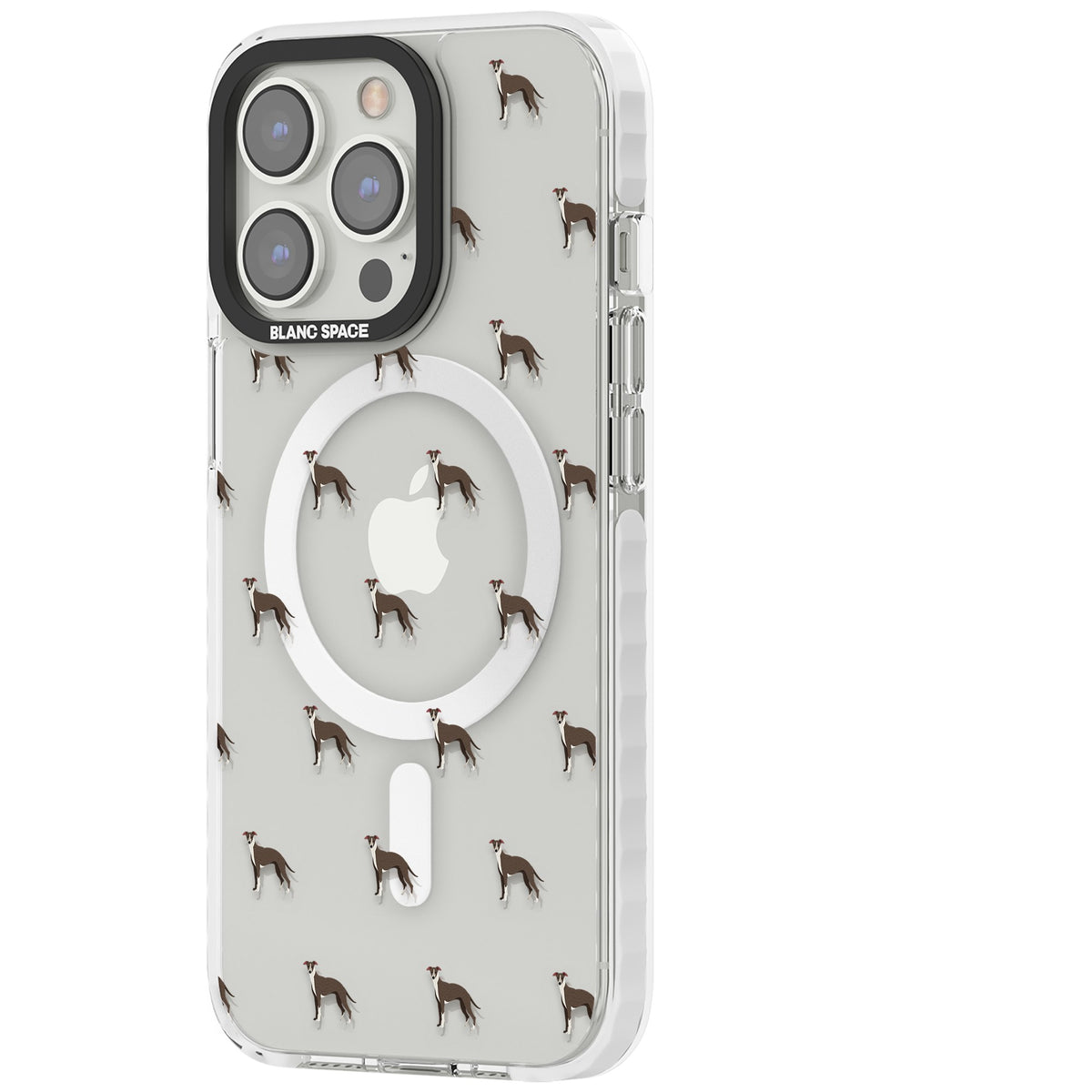 Whippet Dog Pattern Clear iPhone 13 Pro / iPhone 13 Pro Max / iPhone 14 Pro / iPhone 14 Pro Max / iPhone 15 Pro / iPhone 15 Pro Max Impact Pro Clear Phone Case side