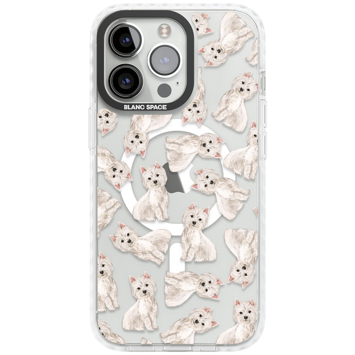 Westie Dog Pattern iPhone 13 Pro / iPhone 13 Pro Max / iPhone 14 Pro / iPhone 14 Pro Max / iPhone 15 Pro / iPhone 15 Pro Max Impact Pro Clear Phone Case front