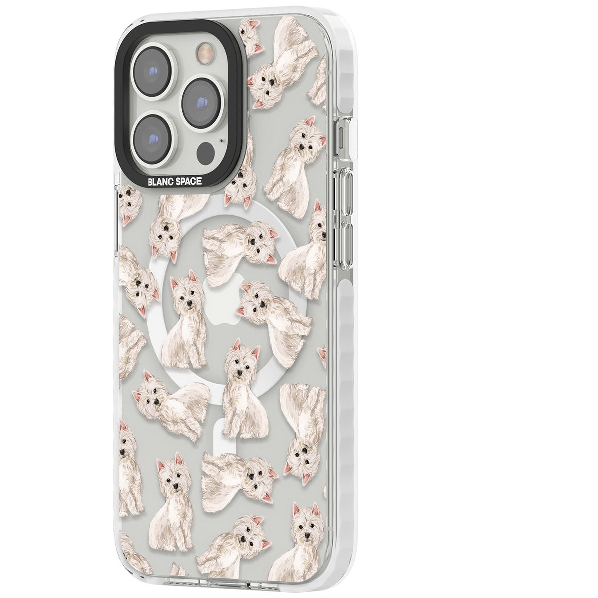 Westie Dog Pattern iPhone 13 Pro / iPhone 13 Pro Max / iPhone 14 Pro / iPhone 14 Pro Max / iPhone 15 Pro / iPhone 15 Pro Max Impact Pro Clear Phone Case side