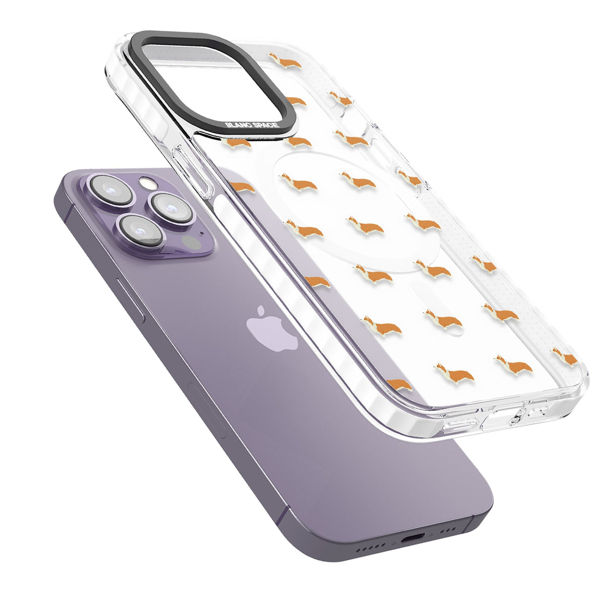 Pembroke Welsh Corgi Pattern iPhone 13 Pro / iPhone 13 Pro Max / iPhone 14 Pro / iPhone 14 Pro Max / iPhone 15 Pro / iPhone 15 Pro Max Impact Pro Clear Phone Case angled