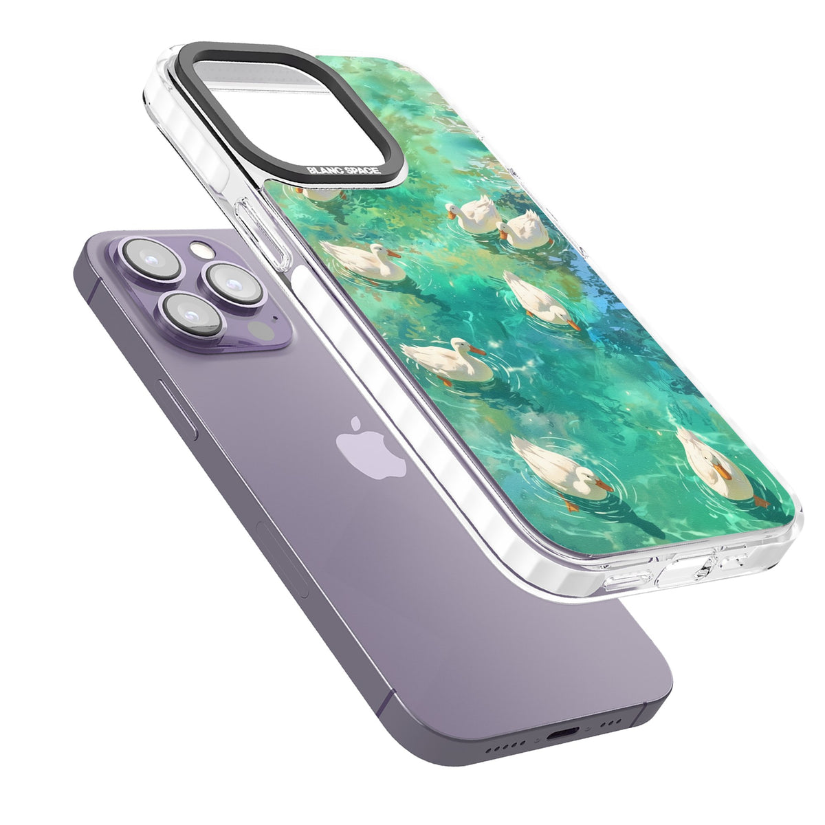Ducks In The Pond iPhone 13 Pro / iPhone 13 Pro Max / iPhone 14 Pro / iPhone 14 Pro Max / iPhone 15 Pro / iPhone 15 Pro Max Impact Pro Clear Phone Case angled