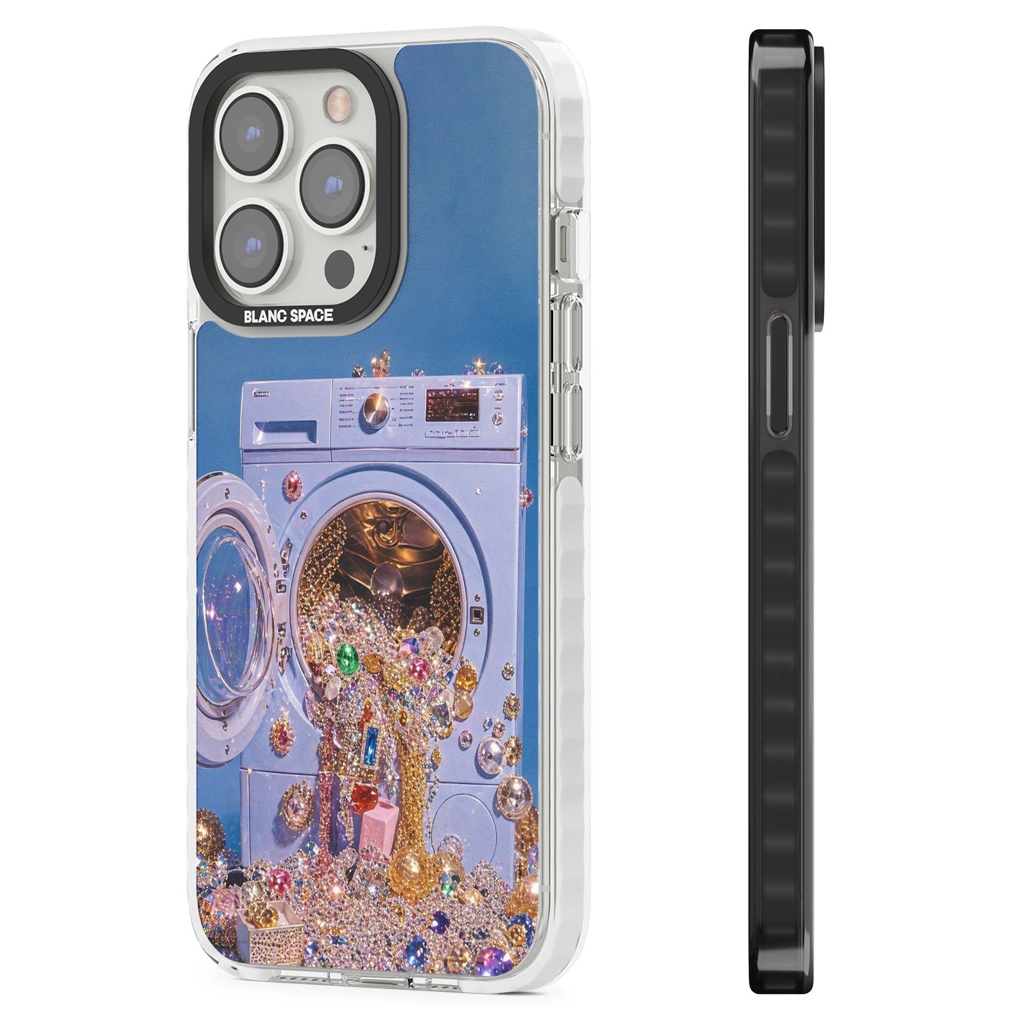Gem Laundry baddie iPhone case featuring a surreal washing machine overflowing with colourful gemstones and crystals | Impact Magsafe case for iPhone 13 Pro, iPhone 14 Pro, iPhone 15 Pro