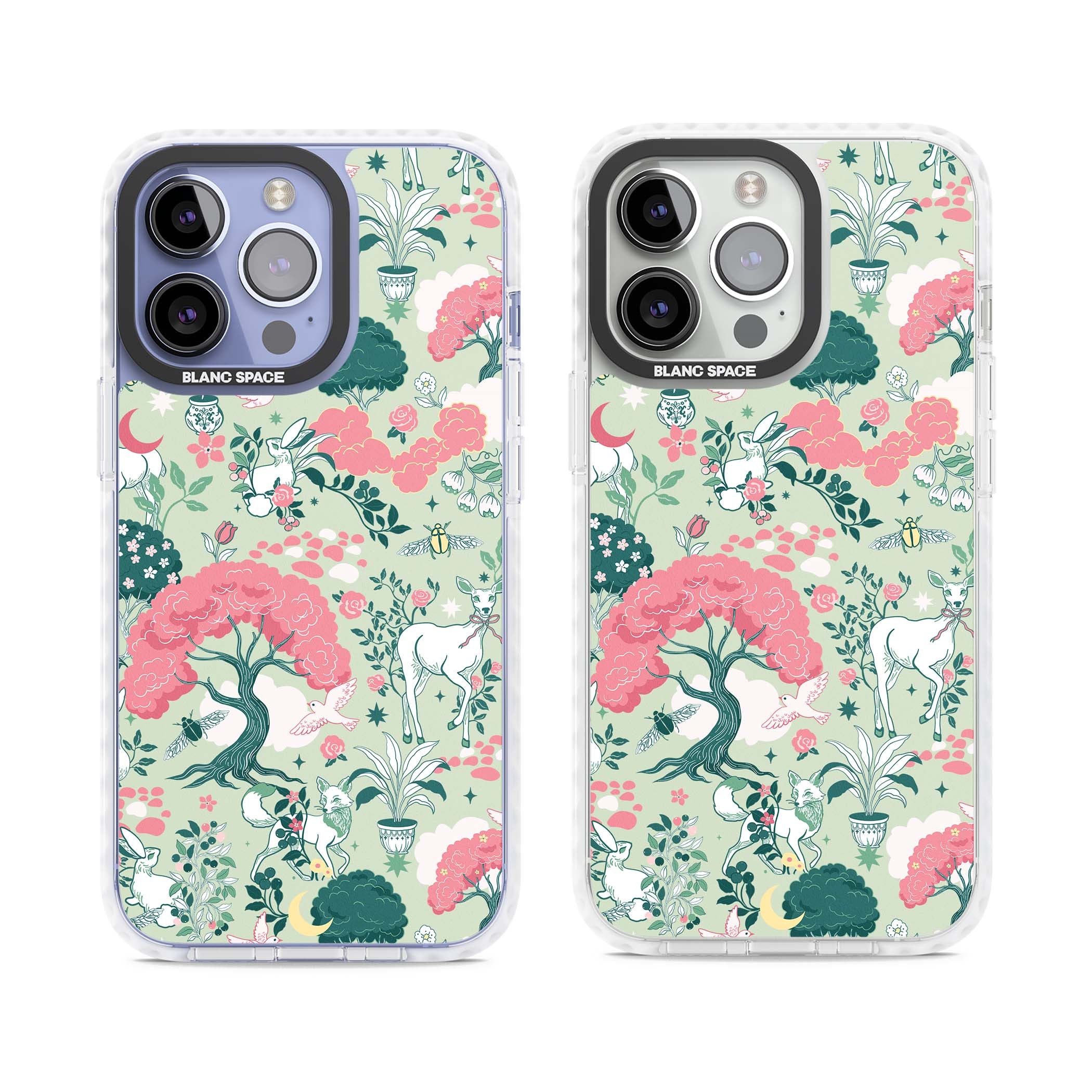 Enchanted Woodland cottagecore iPhone case featuring white deer, pink roses, mushrooms and woodland animals on sage green | Impact Magsafe case for iPhone 13 Pro, iPhone 14 Pro, iPhone 15 Pro