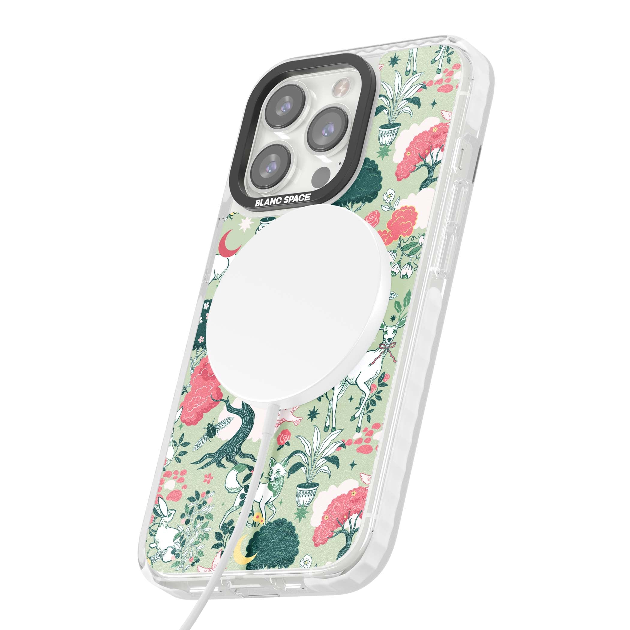 Enchanted Woodland cottagecore iPhone case featuring white deer, pink roses, mushrooms and woodland animals on sage green | Impact Magsafe case for iPhone 13 Pro, iPhone 14 Pro, iPhone 15 Pro