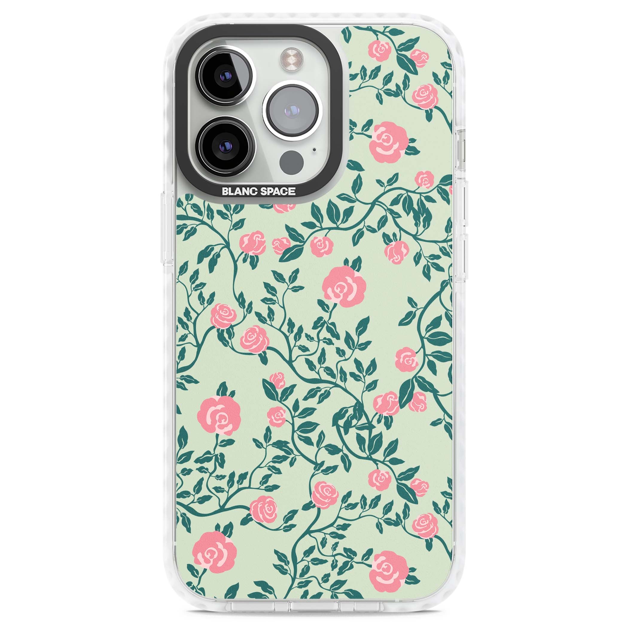 Rose Trellis cottagecore iPhone case featuring pink roses, sage green vines, and mint background | Impact Magsafe case for iPhone 13 Pro, iPhone 14 Pro, iPhone 15 Pro