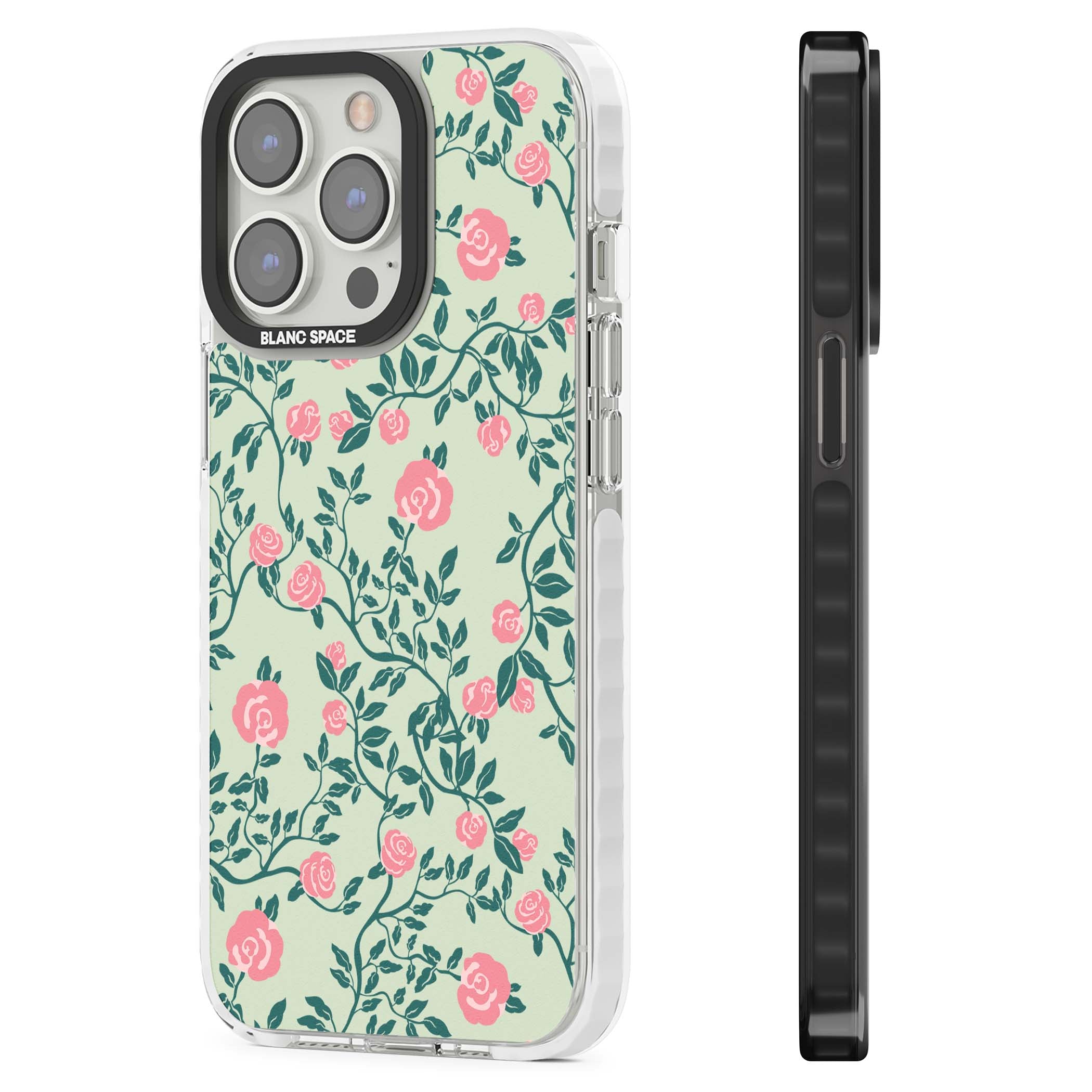 Rose Trellis cottagecore iPhone case featuring pink roses, sage green vines, and mint background | Impact Magsafe case for iPhone 13 Pro, iPhone 14 Pro, iPhone 15 Pro