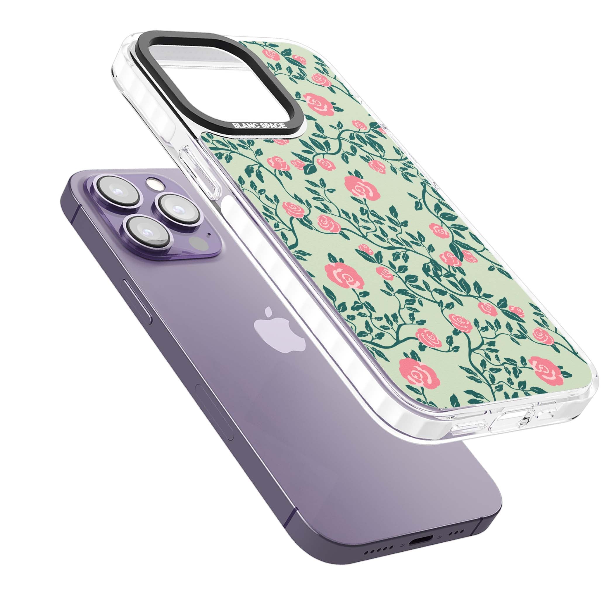 Rose Trellis cottagecore iPhone case featuring pink roses, sage green vines, and mint background | Impact Magsafe case for iPhone 13 Pro, iPhone 14 Pro, iPhone 15 Pro
