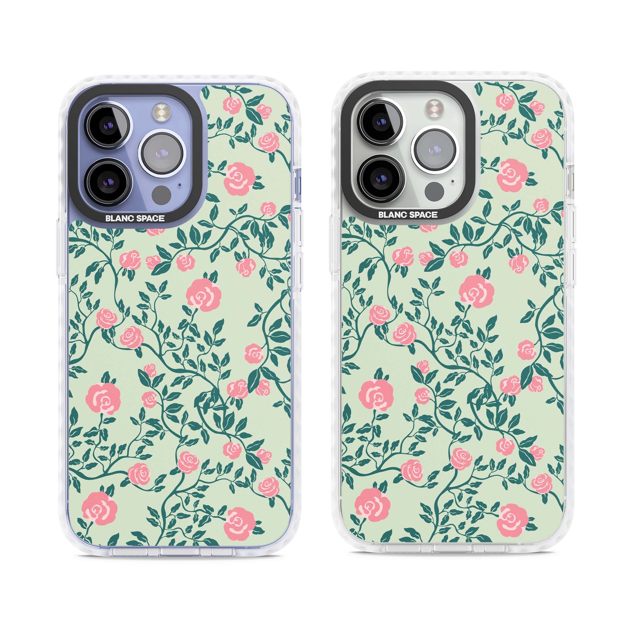 Rose Trellis cottagecore iPhone case featuring pink roses, sage green vines, and mint background | Impact Magsafe case for iPhone 13 Pro, iPhone 14 Pro, iPhone 15 Pro