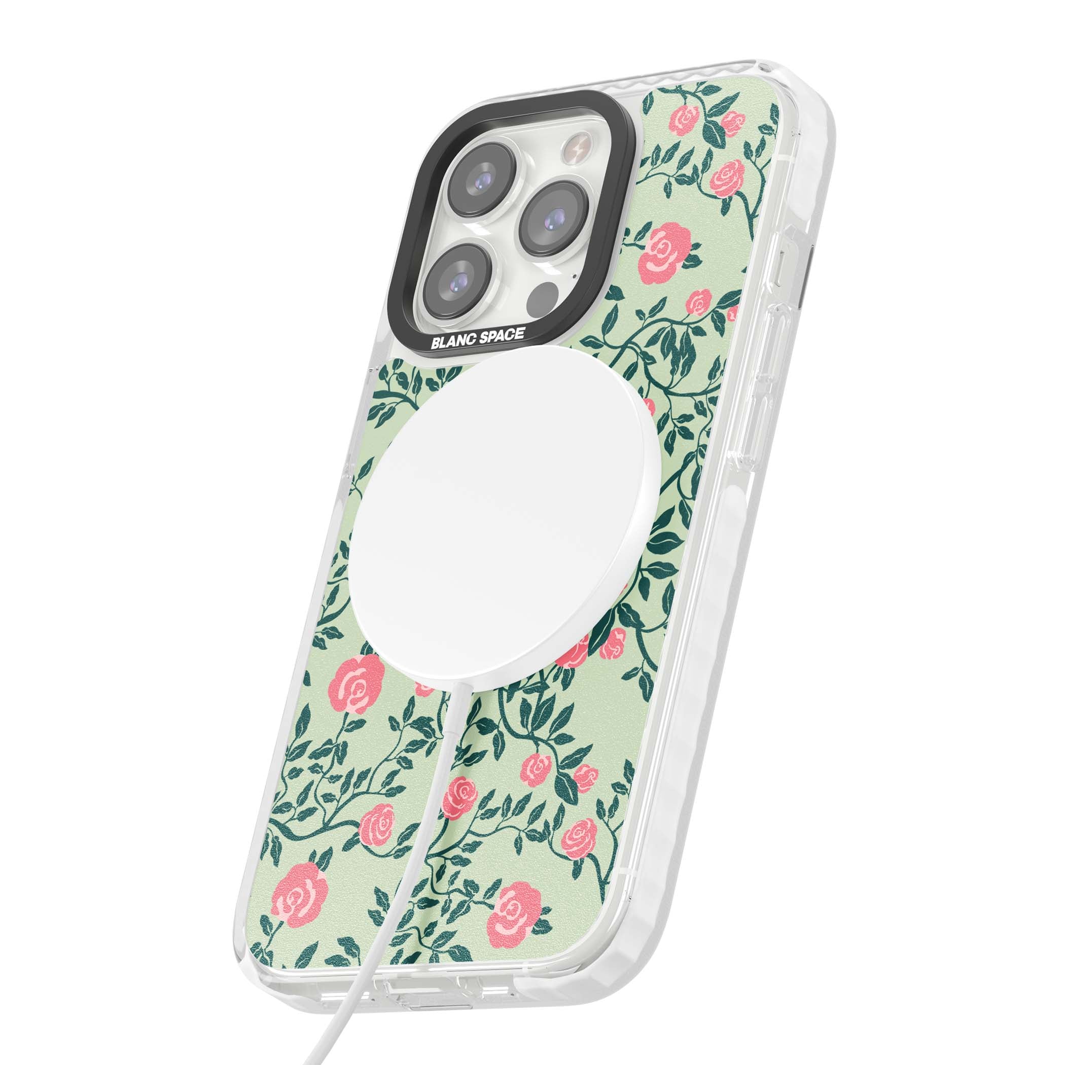 Rose Trellis cottagecore iPhone case featuring pink roses, sage green vines, and mint background | Impact Magsafe case for iPhone 13 Pro, iPhone 14 Pro, iPhone 15 Pro
