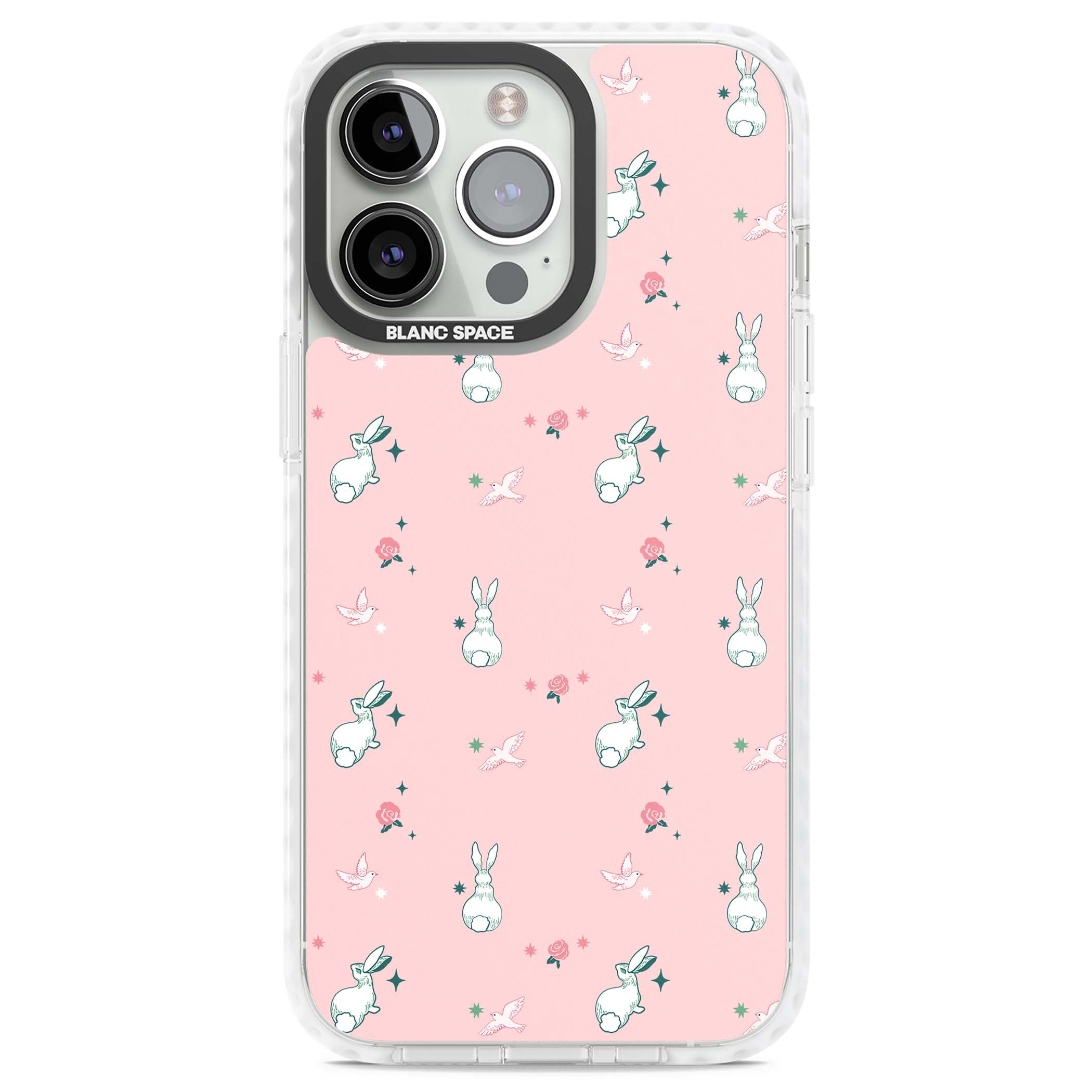 Bunny Garden kawaii iPhone case featuring white rabbits, pink roses, doves and stars on pink background | Impact Magsafe case for iPhone 13 Pro, iPhone 14 Pro, iPhone 15 Pro