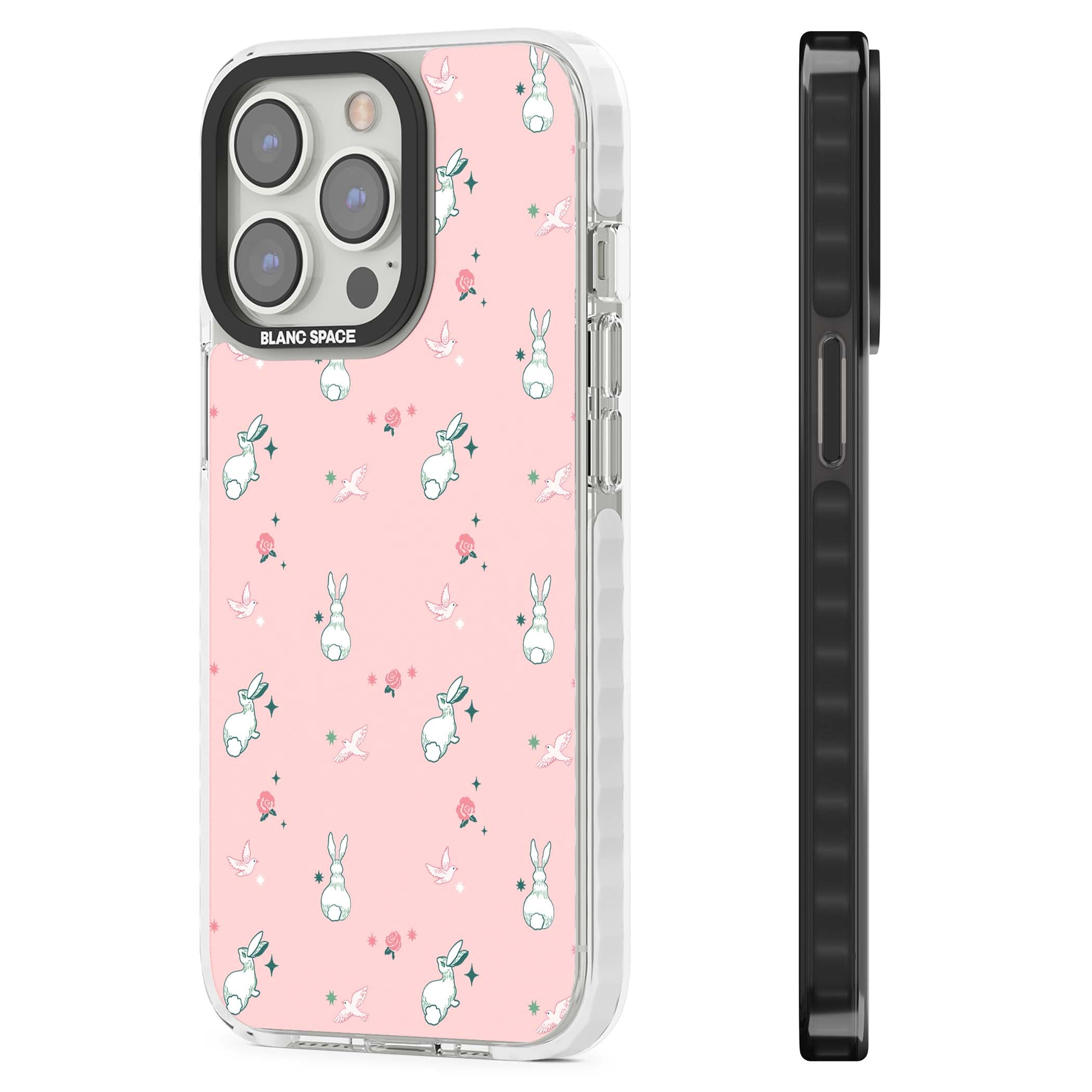 Bunny Garden kawaii iPhone case featuring white rabbits, pink roses, doves and stars on pink background | Impact Magsafe case for iPhone 13 Pro, iPhone 14 Pro, iPhone 15 Pro