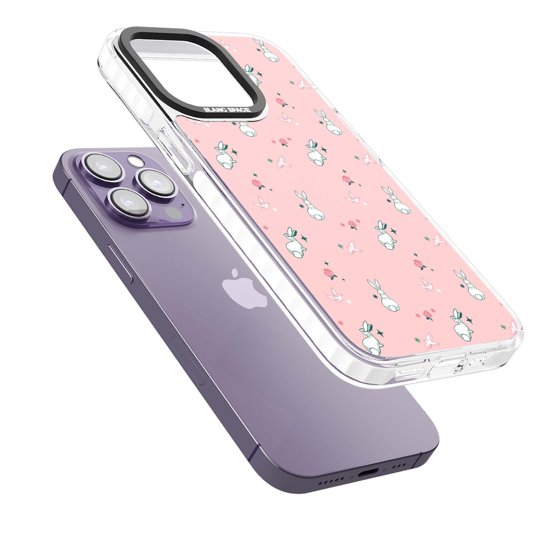 Bunny Garden kawaii iPhone case featuring white rabbits, pink roses, doves and stars on pink background | Impact Magsafe case for iPhone 13 Pro, iPhone 14 Pro, iPhone 15 Pro