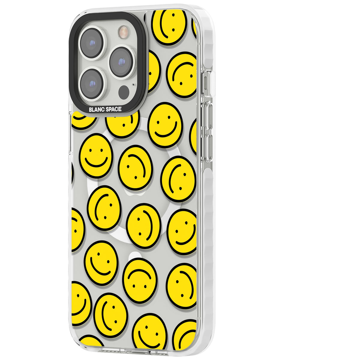 Smiley Face Pattern iPhone 13 Pro / iPhone 13 Pro Max / iPhone 14 Pro / iPhone 14 Pro Max / iPhone 15 Pro / iPhone 15 Pro Max Impact Pro Clear Phone Case side