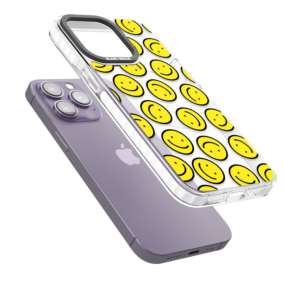 Smiley Face Pattern iPhone 13 Pro / iPhone 13 Pro Max / iPhone 14 Pro / iPhone 14 Pro Max / iPhone 15 Pro / iPhone 15 Pro Max Impact Pro Clear Phone Case angled