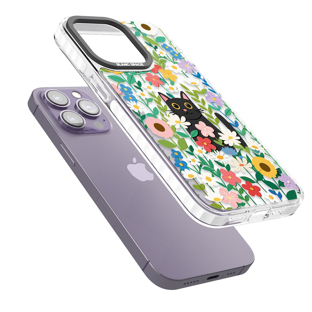 Whiskers & Wildflowers iPhone 13 Pro / iPhone 13 Pro Max / iPhone 14 Pro / iPhone 14 Pro Max / iPhone 15 Pro / iPhone 15 Pro Max Impact Pro Clear Phone Case angled