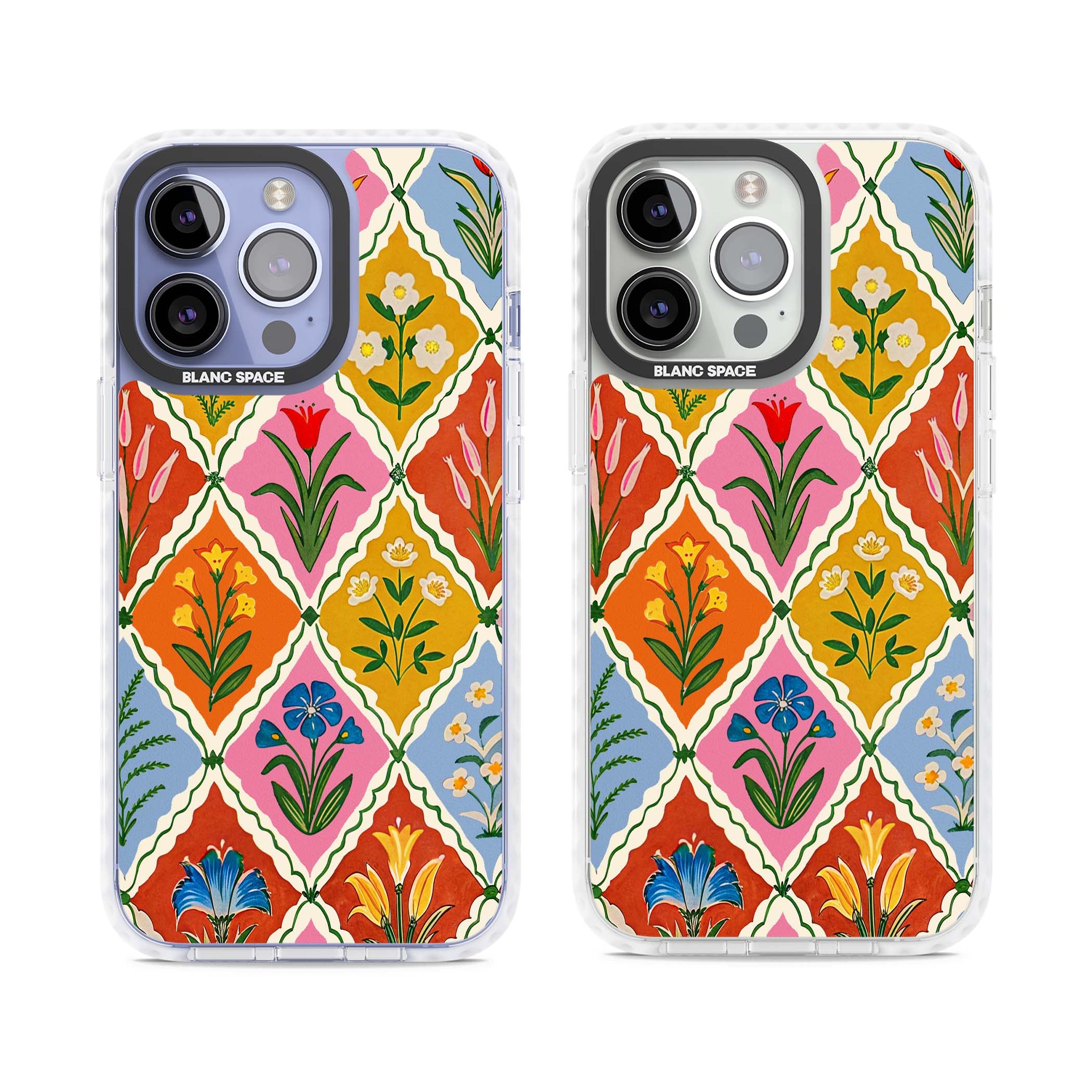 Floral Quilt boho floral iPhone case featuring diamond lattice pattern, hand-painted tulips and folk art wildflowers | Impact Magsafe case for iPhone 13 Pro, iPhone 14 Pro, iPhone 15 Pro
