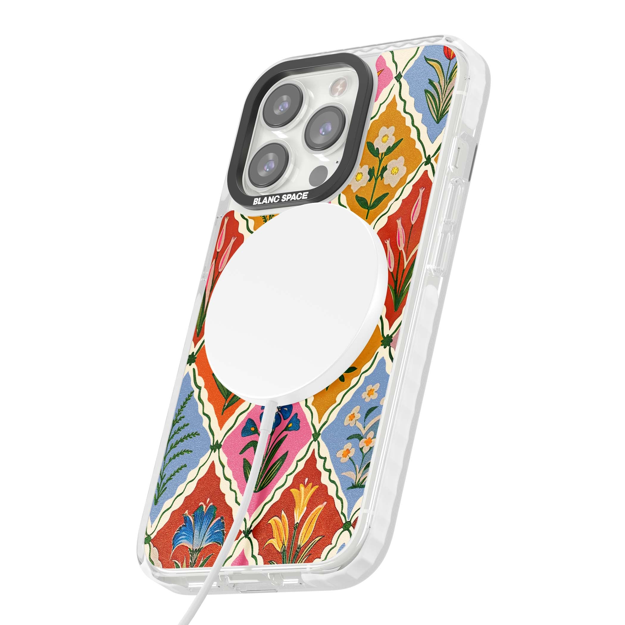 Floral Quilt boho floral iPhone case featuring diamond lattice pattern, hand-painted tulips and folk art wildflowers | Impact Magsafe case for iPhone 13 Pro, iPhone 14 Pro, iPhone 15 Pro