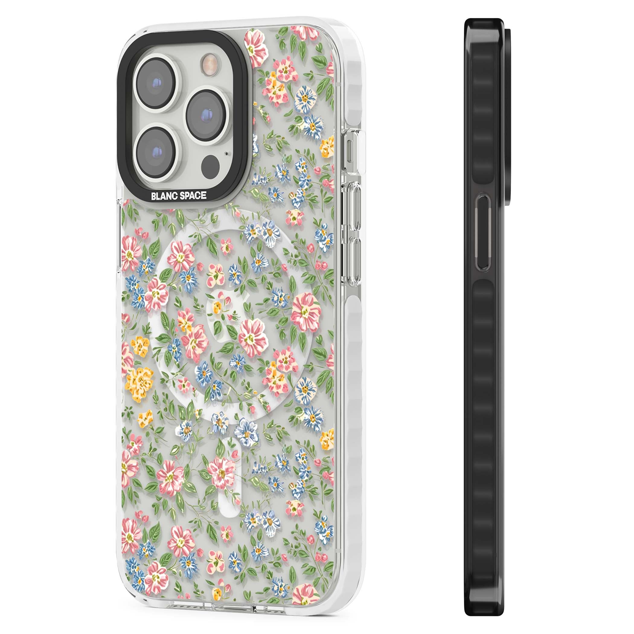 Soft Meadow cottagecore iPhone case featuring pink cosmos, blue forget-me-nots, yellow buttercups and green leaves sca | Impact Magsafe case for iPhone 13 Pro, iPhone 14 Pro, iPhone 15 Pro