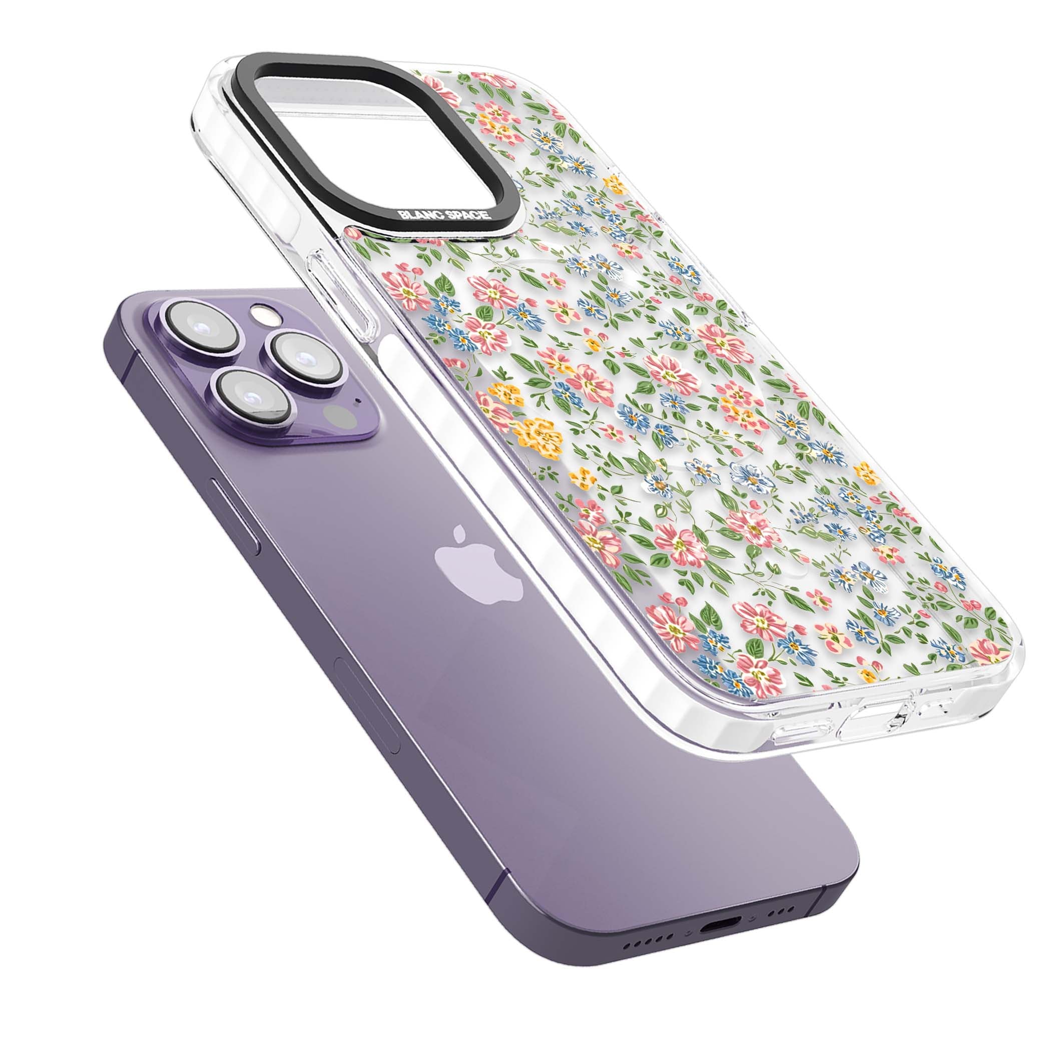 Soft Meadow cottagecore iPhone case featuring pink cosmos, blue forget-me-nots, yellow buttercups and green leaves sca | Impact Magsafe case for iPhone 13 Pro, iPhone 14 Pro, iPhone 15 Pro