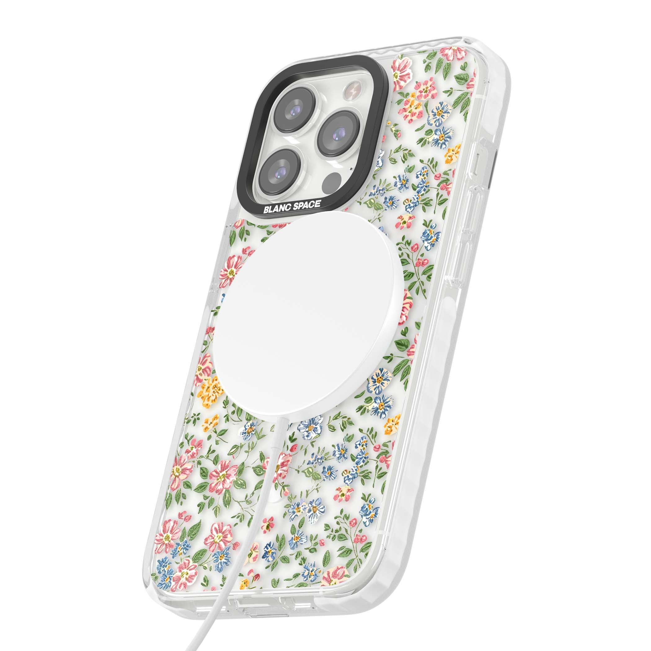 Soft Meadow cottagecore iPhone case featuring pink cosmos, blue forget-me-nots, yellow buttercups and green leaves sca | Impact Magsafe case for iPhone 13 Pro, iPhone 14 Pro, iPhone 15 Pro