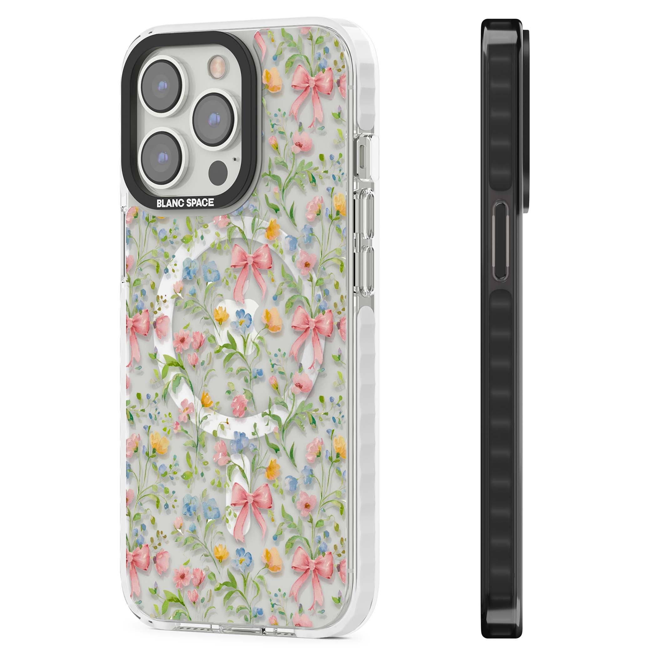 Ribbons & Wildflowers cottagecore iPhone case featuring watercolor wildflowers, pink satin bows, and delicate spring blooms o | Impact Magsafe case for iPhone 13 Pro, iPhone 14 Pro, iPhone 15 Pro