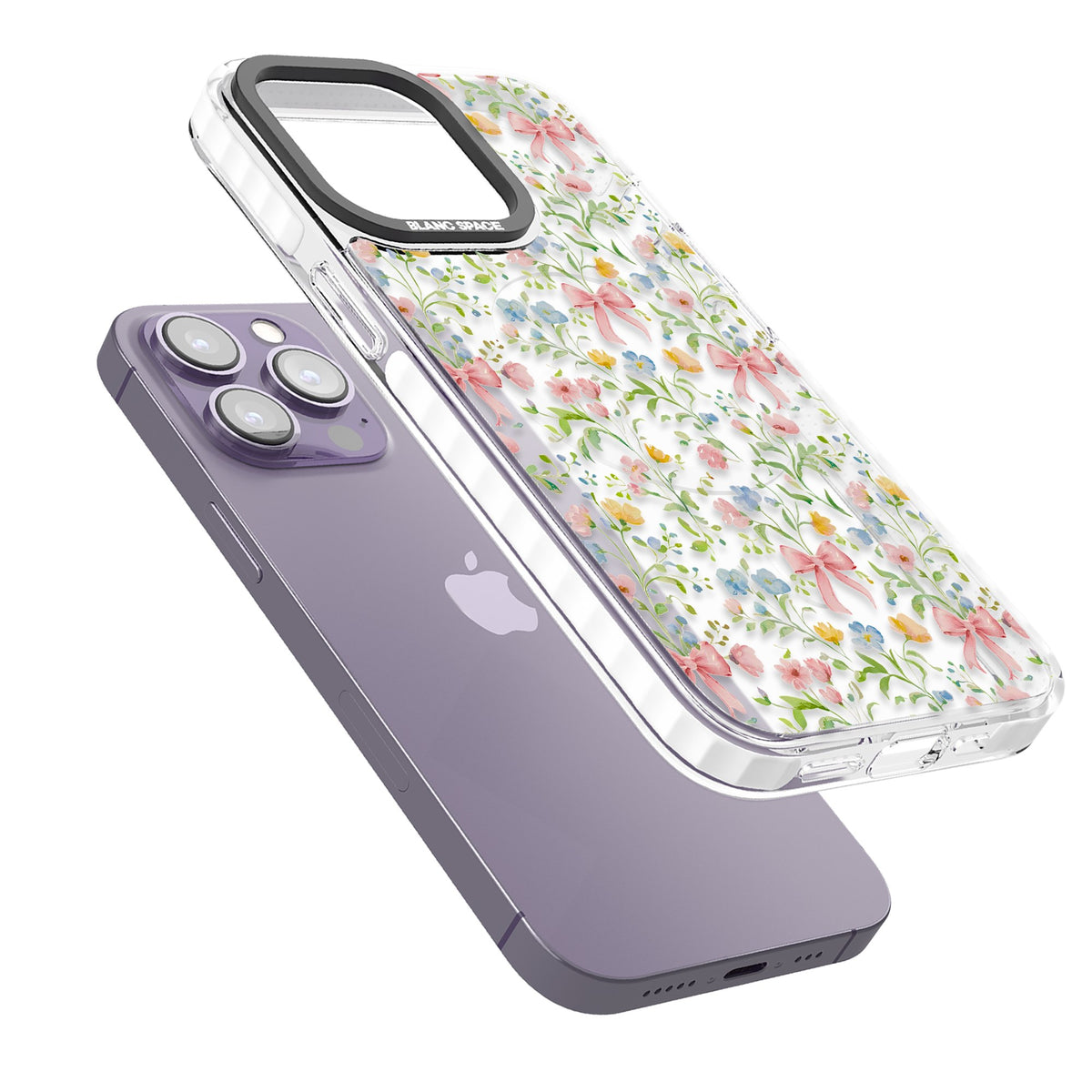 Ribbons & Wildflowers iPhone 13 Pro / iPhone 13 Pro Max / iPhone 14 Pro / iPhone 14 Pro Max / iPhone 15 Pro / iPhone 15 Pro Max Impact Pro Clear Phone Case angled