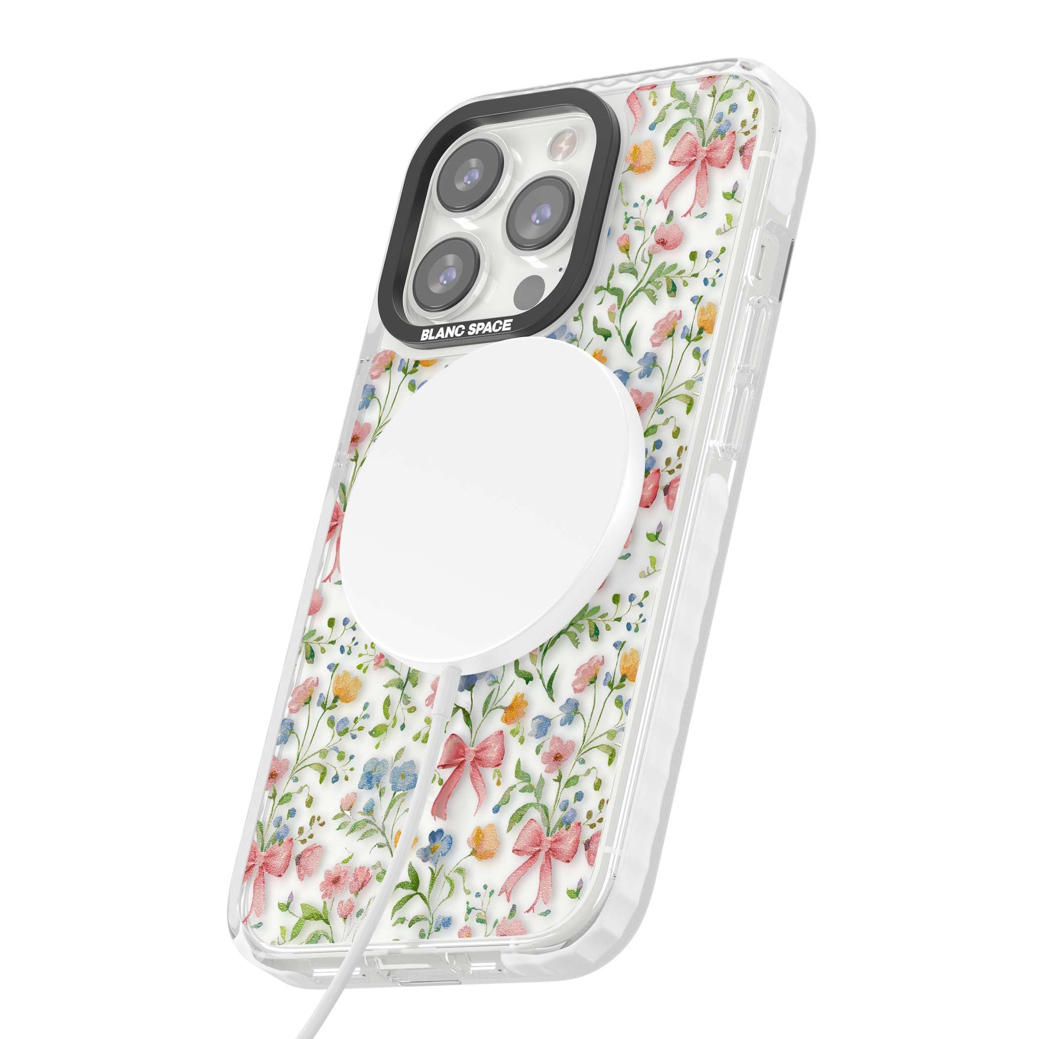 Ribbons & Wildflowers cottagecore iPhone case featuring watercolor wildflowers, pink satin bows, and delicate spring blooms o | Impact Magsafe case for iPhone 13 Pro, iPhone 14 Pro, iPhone 15 Pro