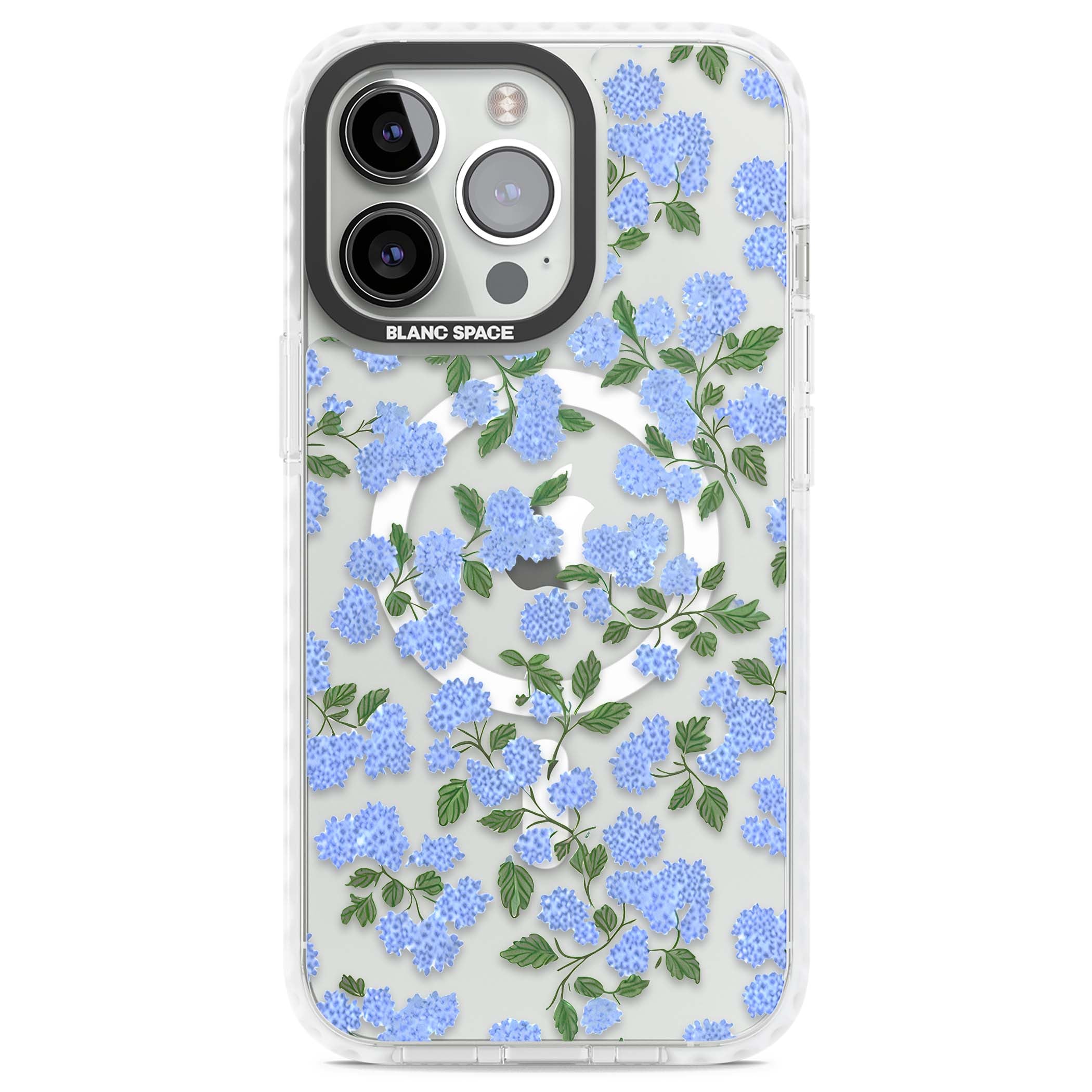 Hydrangea Dreams cottagecore iPhone case featuring soft blue hydrangea flower clusters and green leaves | Impact Magsafe case for iPhone 13 Pro, iPhone 14 Pro, iPhone 15 Pro