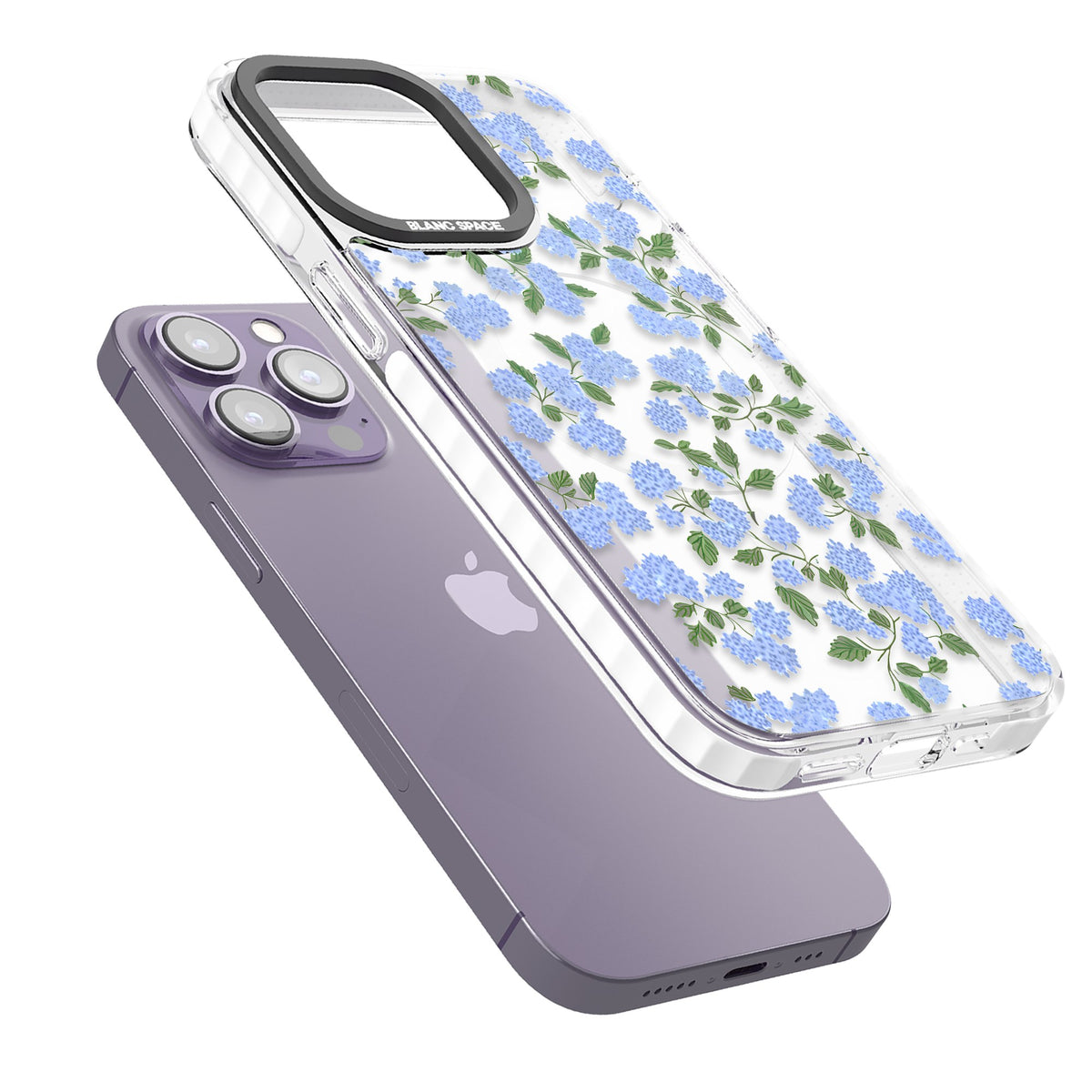 Hydrangea Dreams iPhone 13 Pro / iPhone 13 Pro Max / iPhone 14 Pro / iPhone 14 Pro Max / iPhone 15 Pro / iPhone 15 Pro Max Impact Pro Clear Phone Case angled
