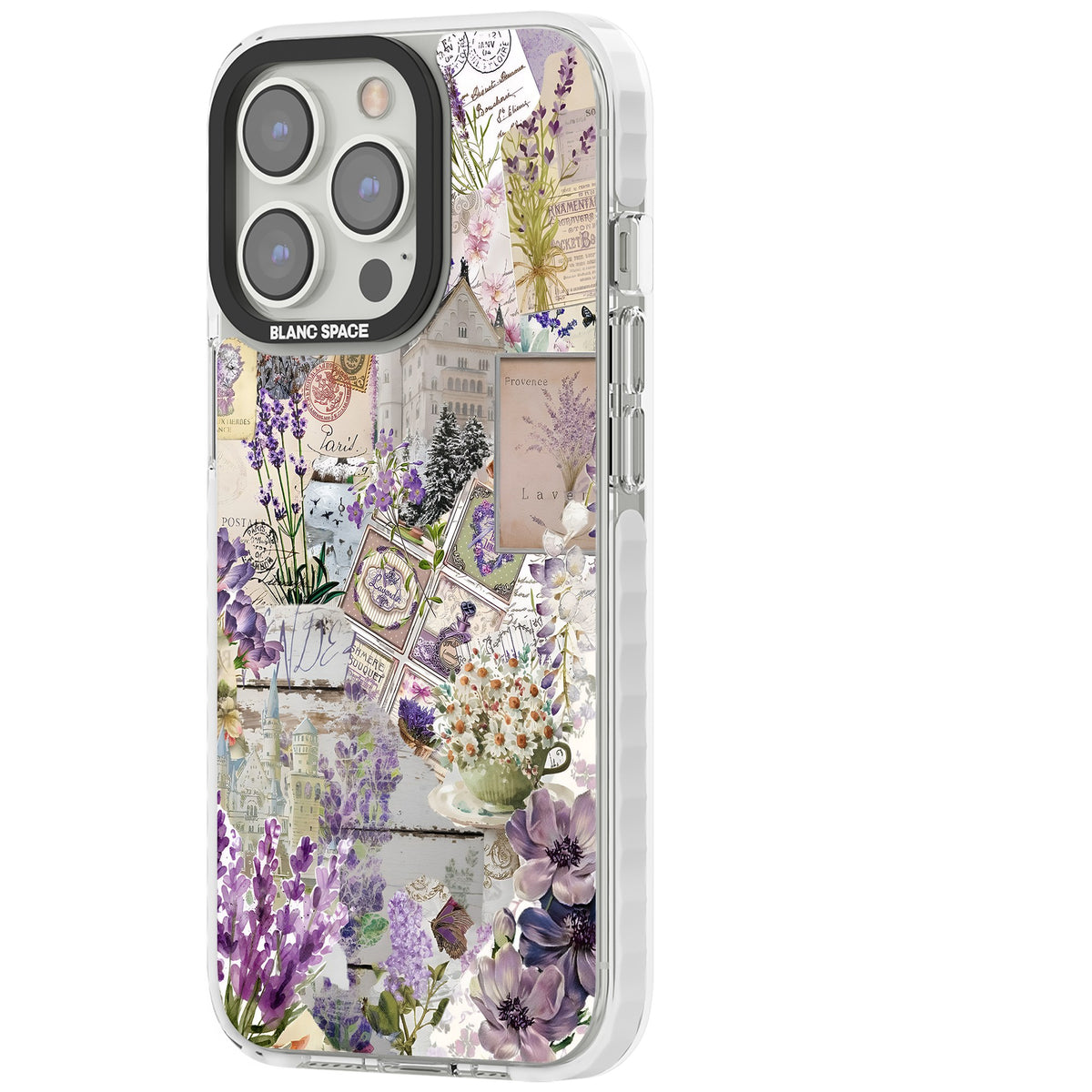 Soft Lavender Collage iPhone 13 Pro / iPhone 13 Pro Max / iPhone 14 Pro / iPhone 14 Pro Max / iPhone 15 Pro / iPhone 15 Pro Max Impact Pro Clear Phone Case side