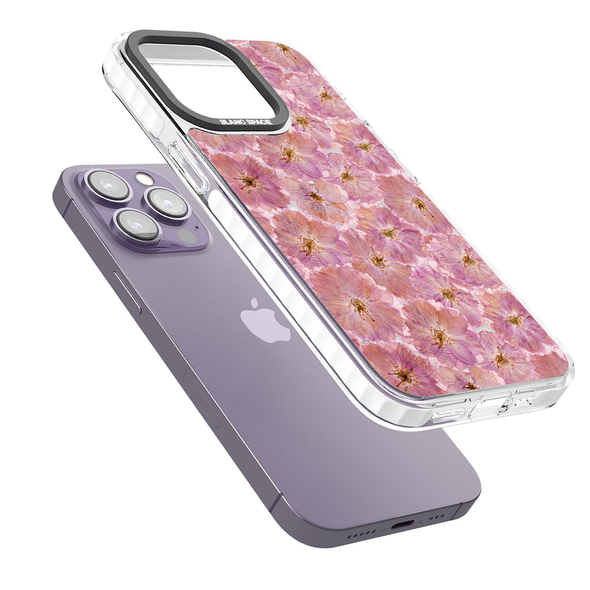 Large Pink Florals iPhone 13 Pro / iPhone 13 Pro Max / iPhone 14 Pro / iPhone 14 Pro Max / iPhone 15 Pro / iPhone 15 Pro Max Impact Pro Clear Phone Case angled