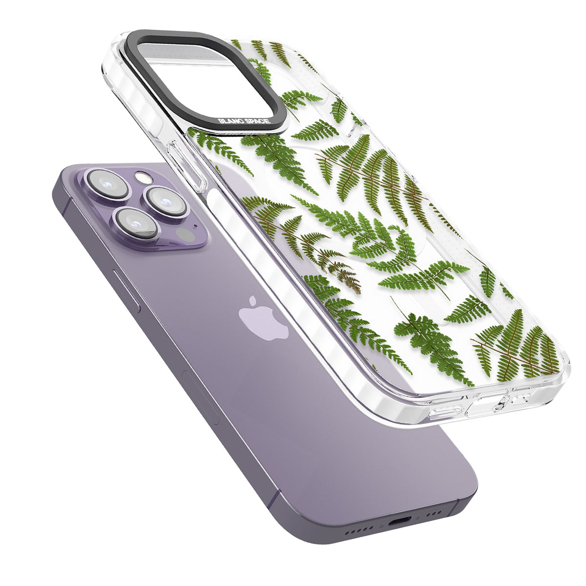 Leafy Ferns iPhone 13 Pro / iPhone 13 Pro Max / iPhone 14 Pro / iPhone 14 Pro Max / iPhone 15 Pro / iPhone 15 Pro Max Impact Pro Clear Phone Case angled