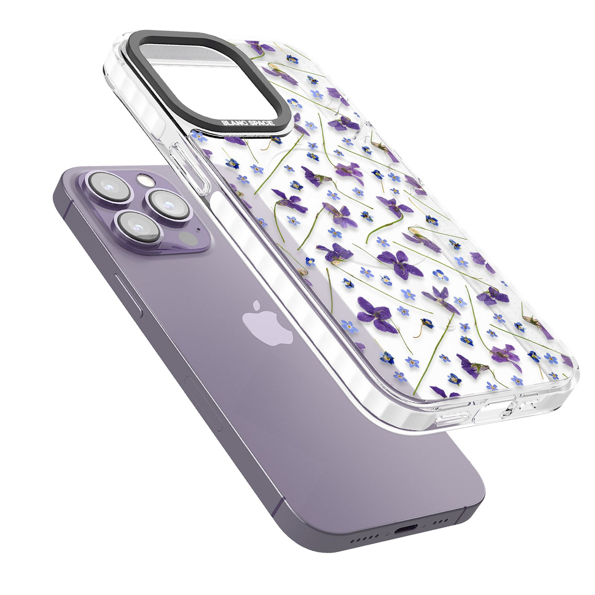 Pressed Violets iPhone 13 Pro / iPhone 13 Pro Max / iPhone 14 Pro / iPhone 14 Pro Max / iPhone 15 Pro / iPhone 15 Pro Max Impact Pro Clear Phone Case angled