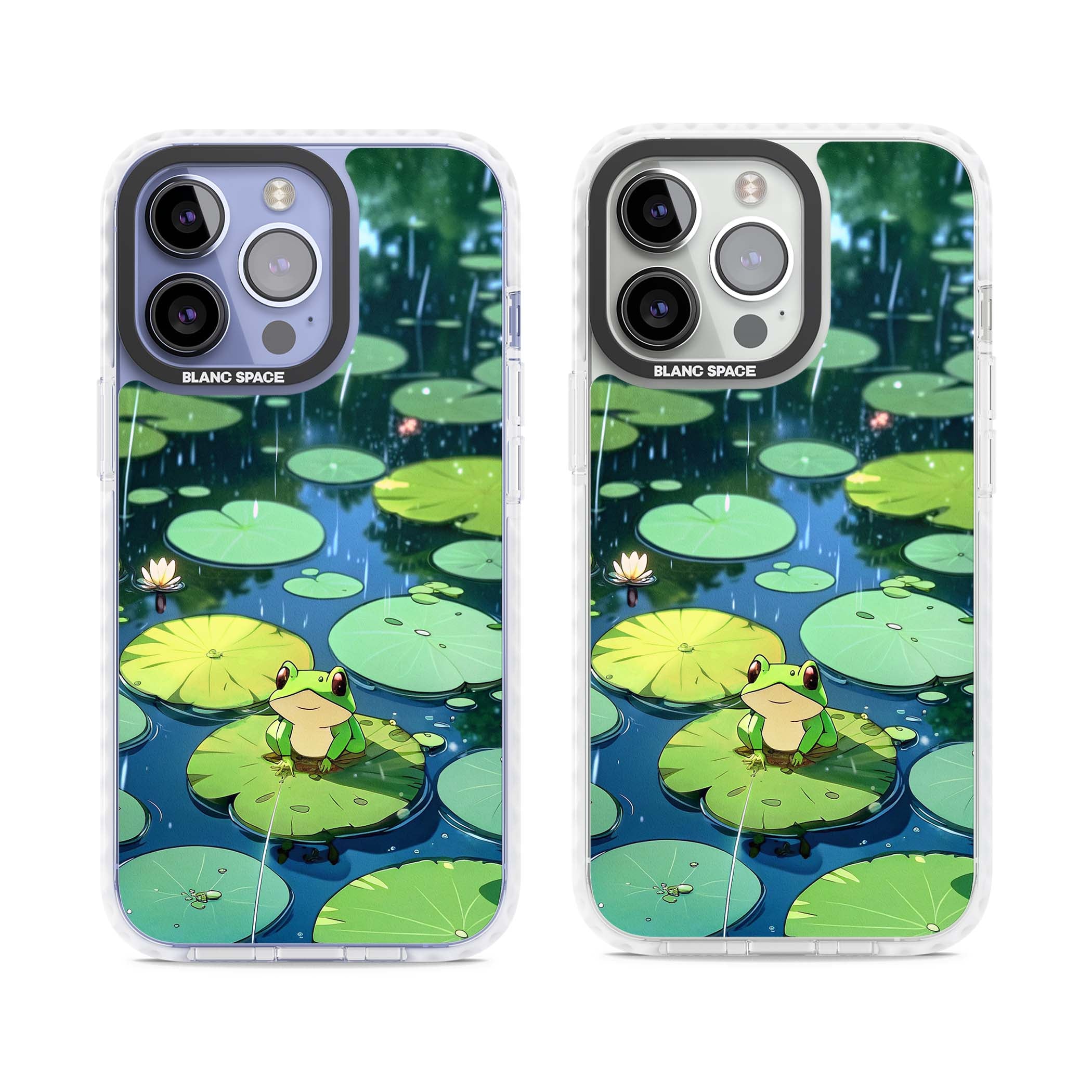 Frog In Lily Pond cottagecore iPhone case featuring a cute green frog on a lily pad with falling rain and a lotus flower | Impact Magsafe case for iPhone 13 Pro, iPhone 14 Pro, iPhone 15 Pro