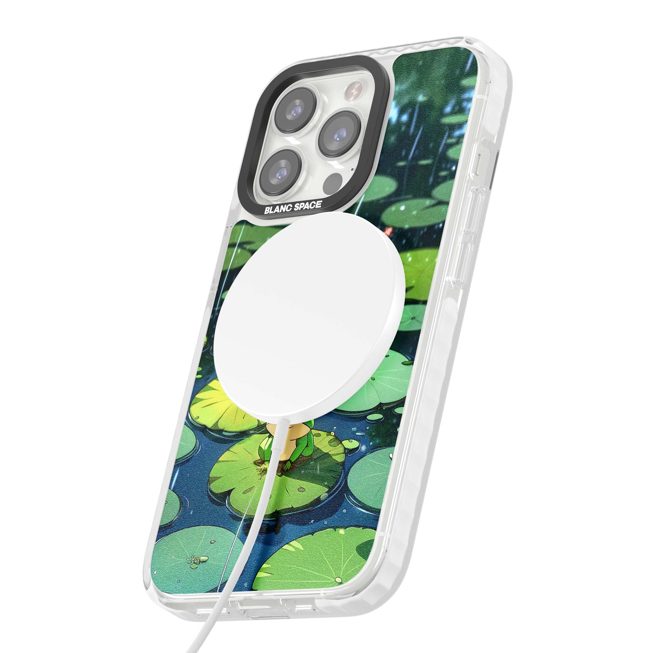 Frog In Lily Pond cottagecore iPhone case featuring a cute green frog on a lily pad with falling rain and a lotus flower | Impact Magsafe case for iPhone 13 Pro, iPhone 14 Pro, iPhone 15 Pro