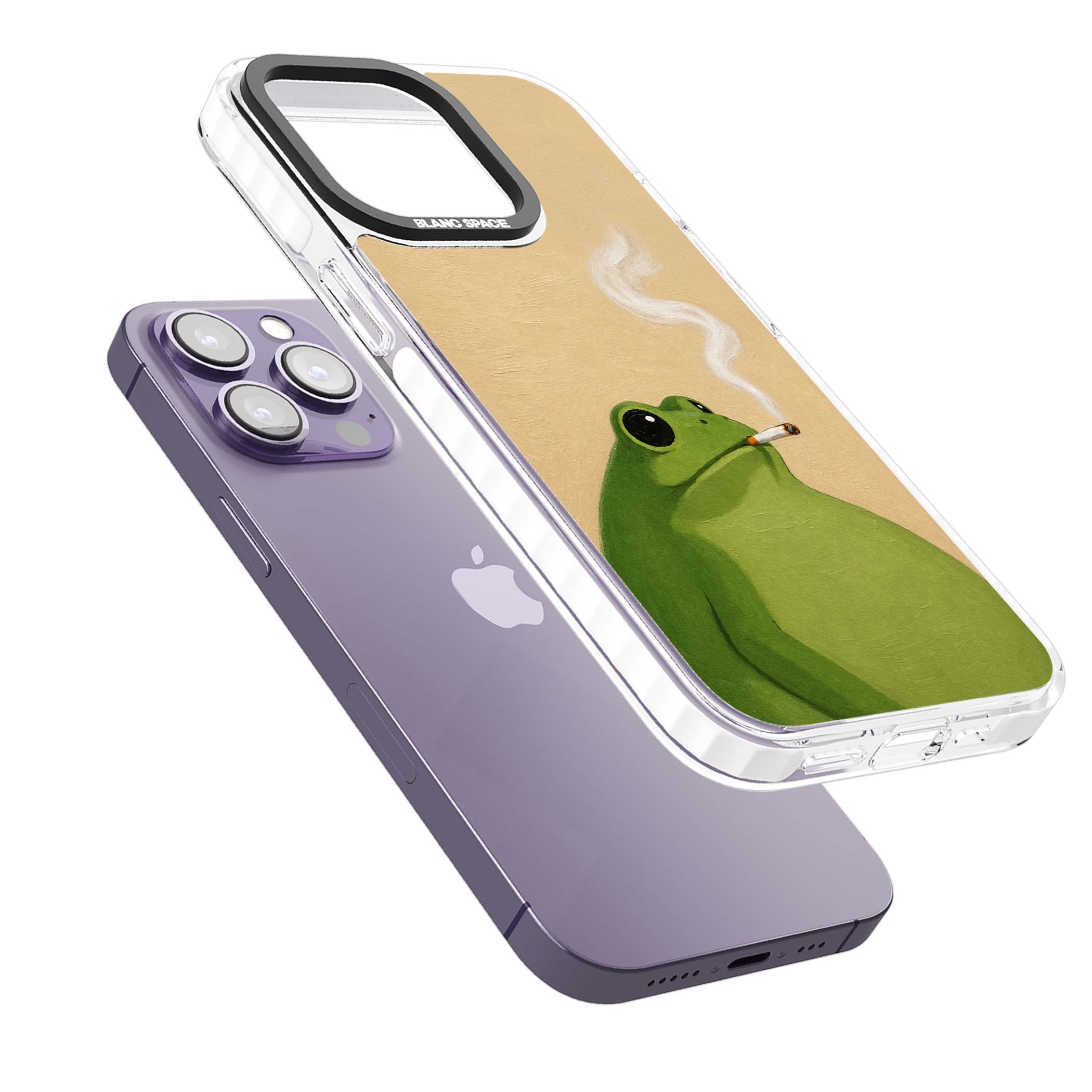 The Smoking Frog cottagecore iPhone case featuring a hand-painted green frog smoking a cigarette on a cream oil painting back | Impact Magsafe case for iPhone 13 Pro, iPhone 14 Pro, iPhone 15 Pro