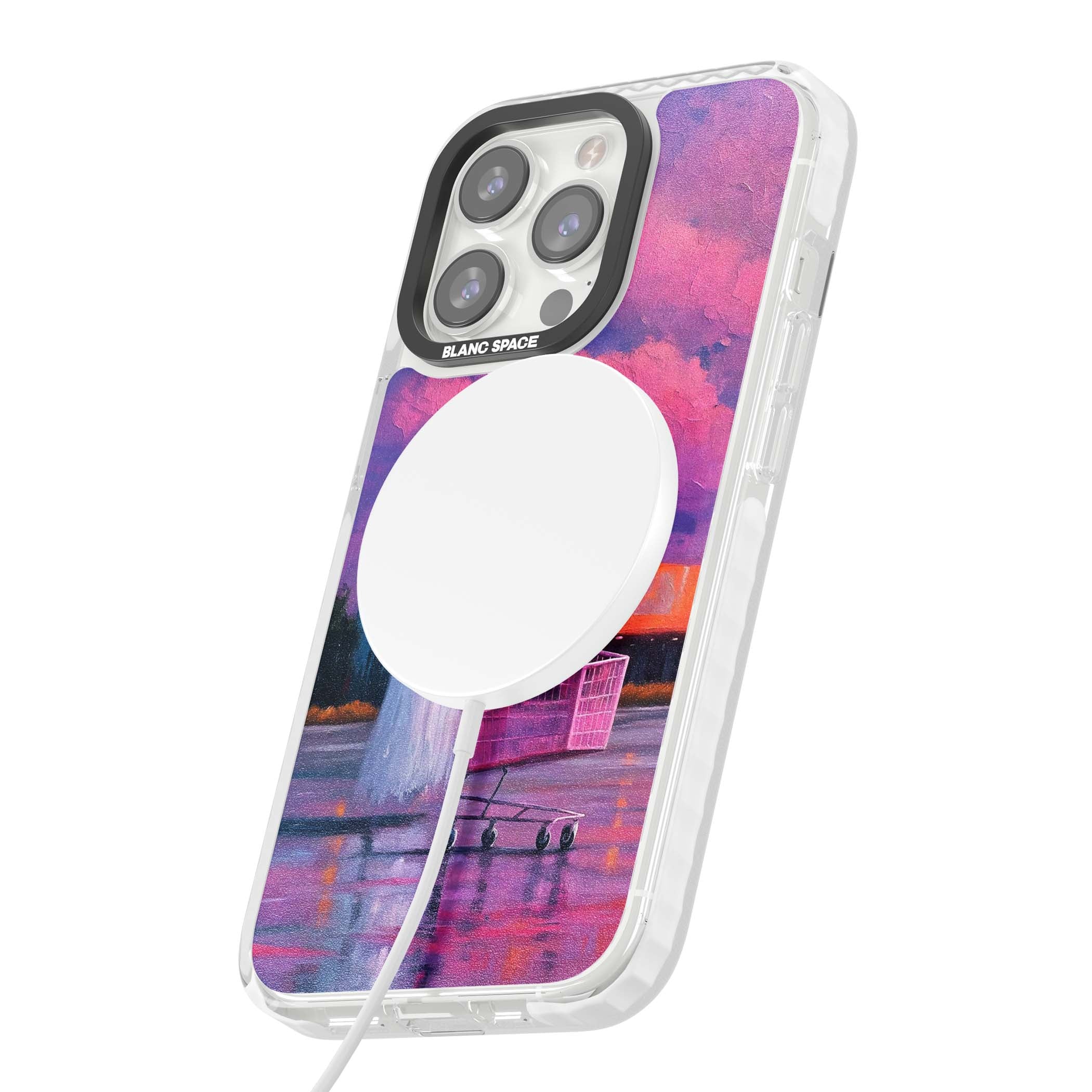 A Ghost's Errand ghost halloween iPhone case featuring a painted ghost, pink shopping trolley and purple sunset sky | Impact Magsafe case for iPhone 13 Pro, iPhone 14 Pro, iPhone 15 Pro