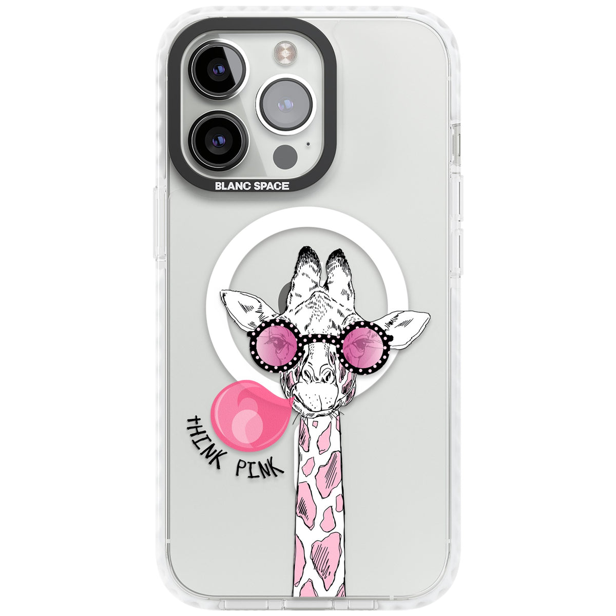 Think Pink Giraffe iPhone 13 Pro / iPhone 13 Pro Max / iPhone 14 Pro / iPhone 14 Pro Max / iPhone 15 Pro / iPhone 15 Pro Max Impact Pro Clear Phone Case front