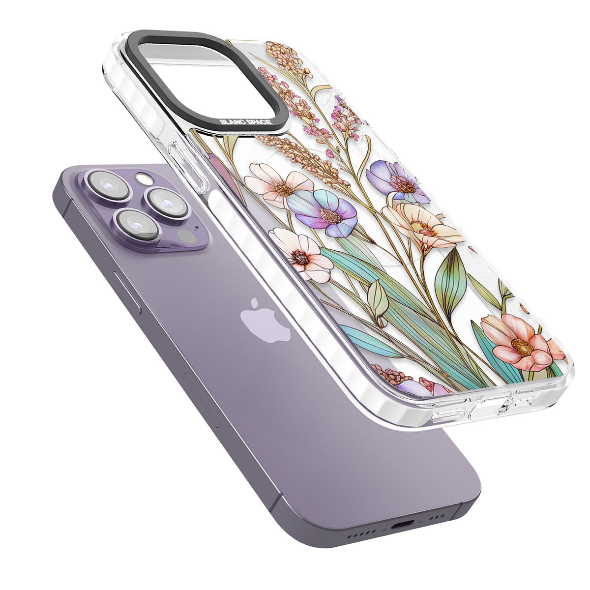 Glass Summer Flowers iPhone 13 Pro / iPhone 13 Pro Max / iPhone 14 Pro / iPhone 14 Pro Max / iPhone 15 Pro / iPhone 15 Pro Max Impact Pro Clear Phone Case angled