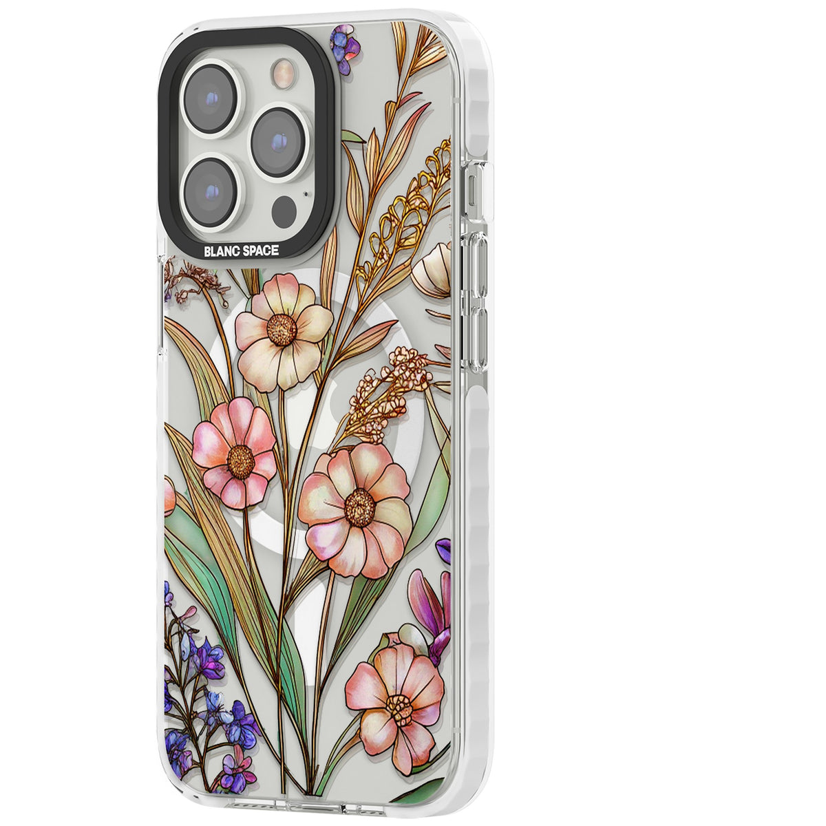 Glass Spring Flowers iPhone 13 Pro / iPhone 13 Pro Max / iPhone 14 Pro / iPhone 14 Pro Max / iPhone 15 Pro / iPhone 15 Pro Max Impact Pro Clear Phone Case side