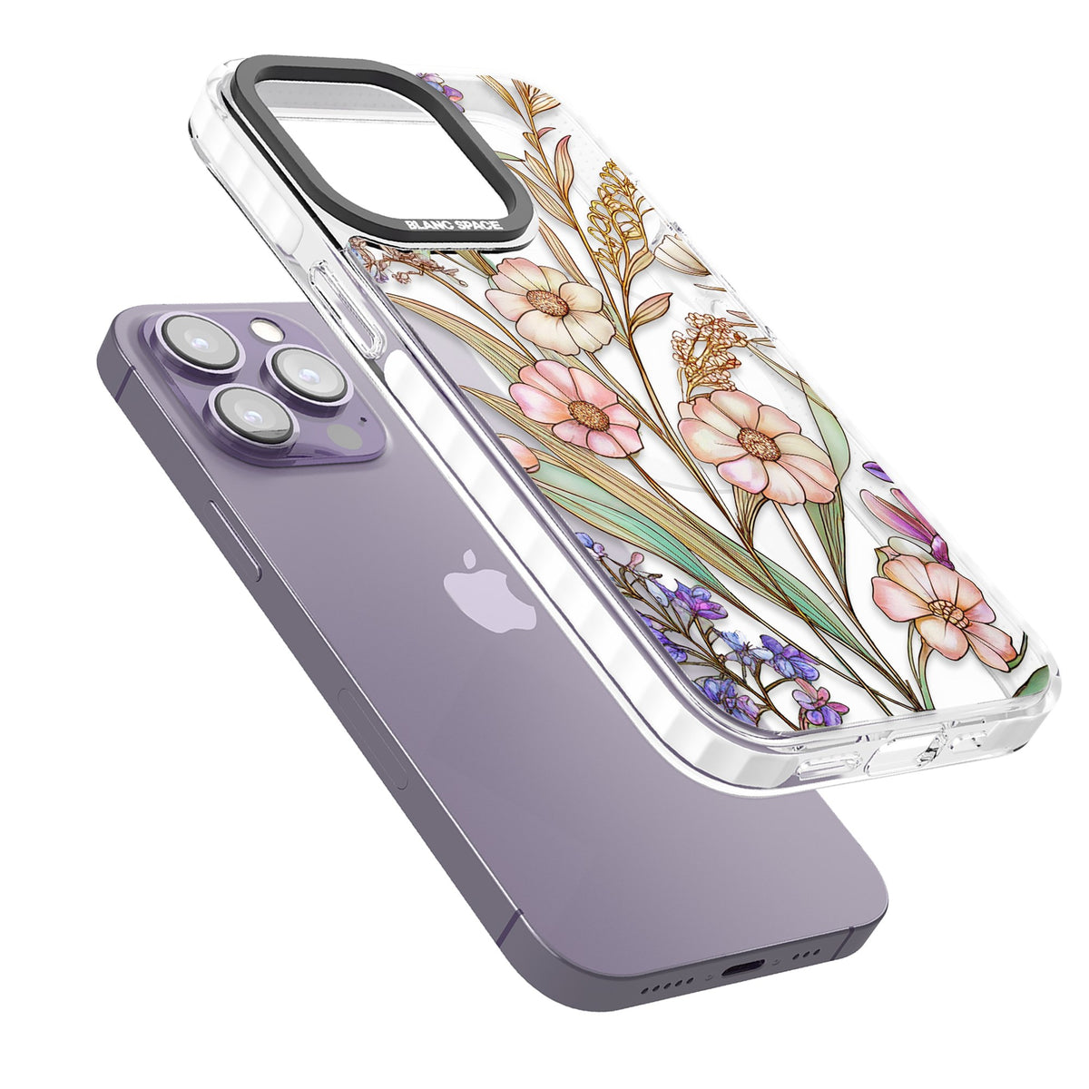 Glass Spring Flowers iPhone 13 Pro / iPhone 13 Pro Max / iPhone 14 Pro / iPhone 14 Pro Max / iPhone 15 Pro / iPhone 15 Pro Max Impact Pro Clear Phone Case angled