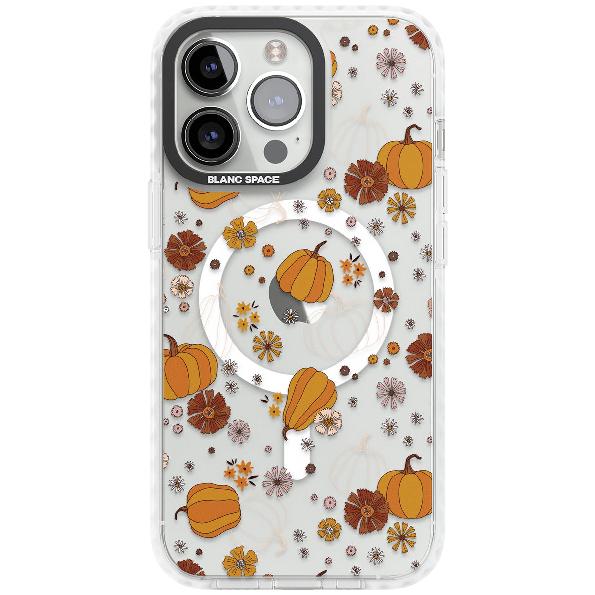 Pumpkins And Flowers iPhone 13 Pro / iPhone 13 Pro Max / iPhone 14 Pro / iPhone 14 Pro Max / iPhone 15 Pro / iPhone 15 Pro Max Impact Pro Clear Phone Case front