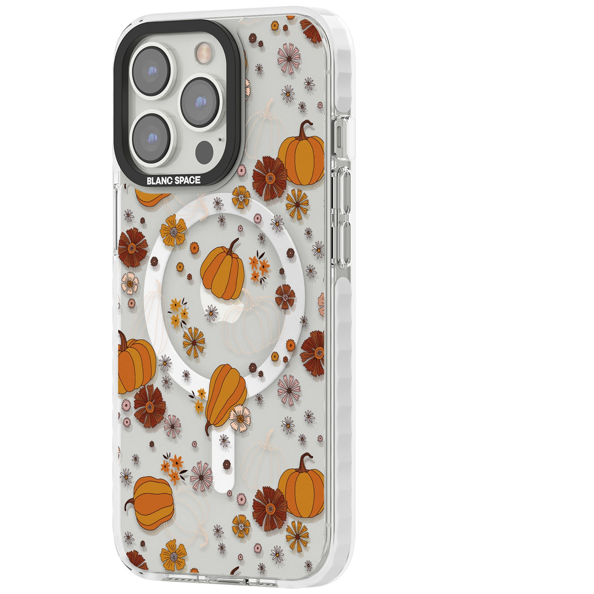 Pumpkins And Flowers iPhone 13 Pro / iPhone 13 Pro Max / iPhone 14 Pro / iPhone 14 Pro Max / iPhone 15 Pro / iPhone 15 Pro Max Impact Pro Clear Phone Case side