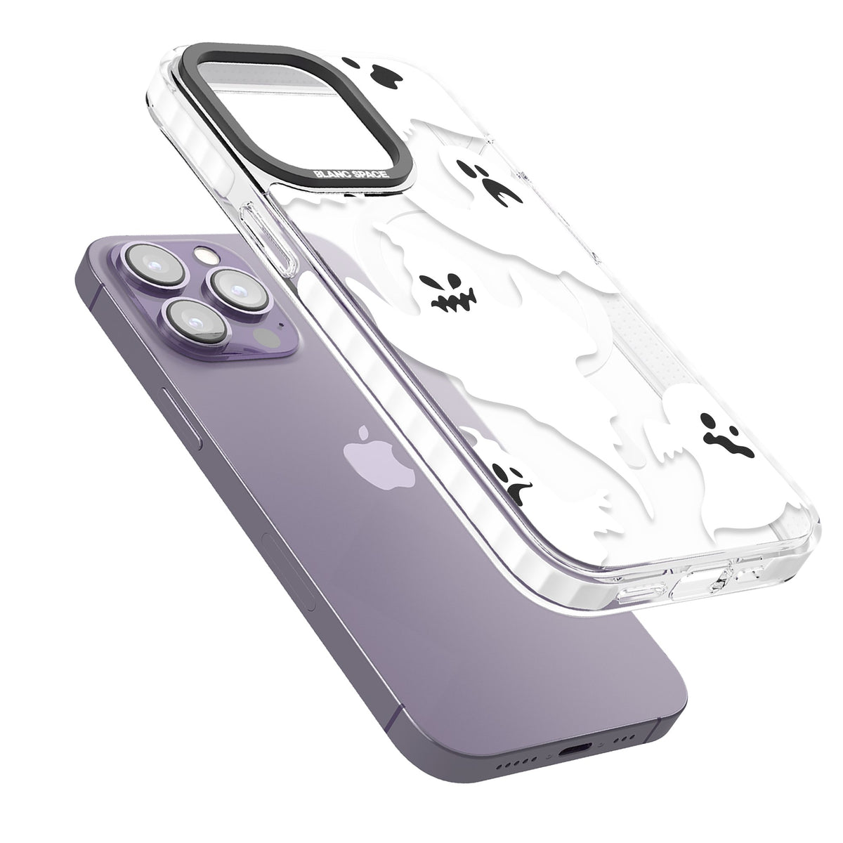 Ghost Pattern iPhone 13 Pro / iPhone 13 Pro Max / iPhone 14 Pro / iPhone 14 Pro Max / iPhone 15 Pro / iPhone 15 Pro Max Impact Pro Clear Phone Case angled