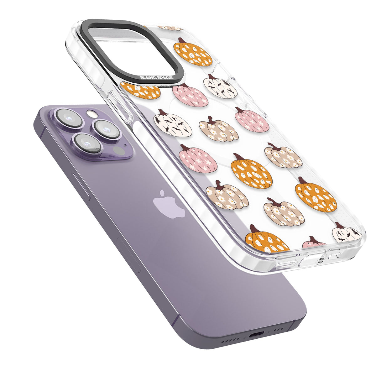 Floral Pumpkins iPhone 13 Pro / iPhone 13 Pro Max / iPhone 14 Pro / iPhone 14 Pro Max / iPhone 15 Pro / iPhone 15 Pro Max Impact Pro Clear Phone Case angled