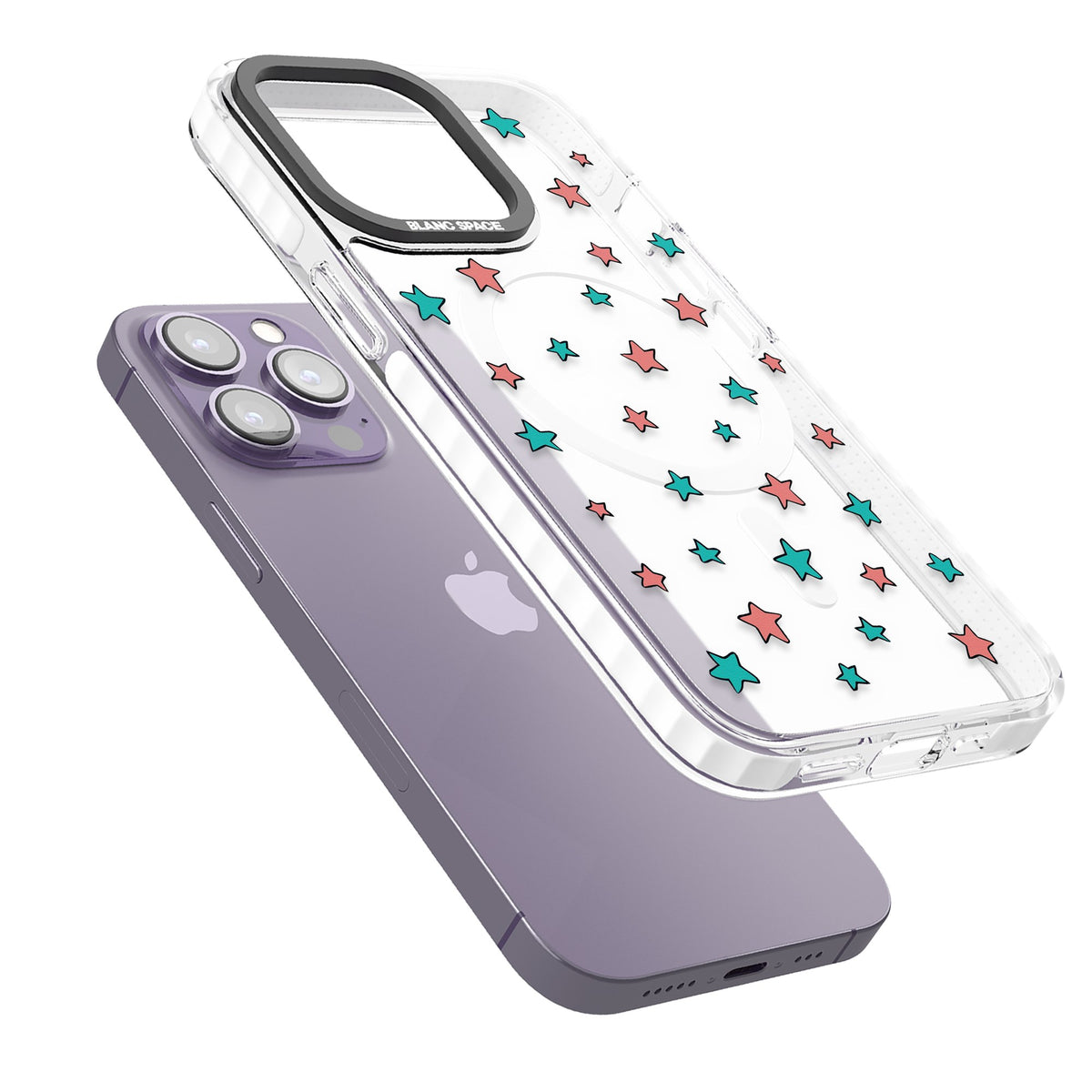 Heartstopper Stars Pattern iPhone 13 Pro / iPhone 13 Pro Max / iPhone 14 Pro / iPhone 14 Pro Max / iPhone 15 Pro / iPhone 15 Pro Max Impact Pro Clear Phone Case angled