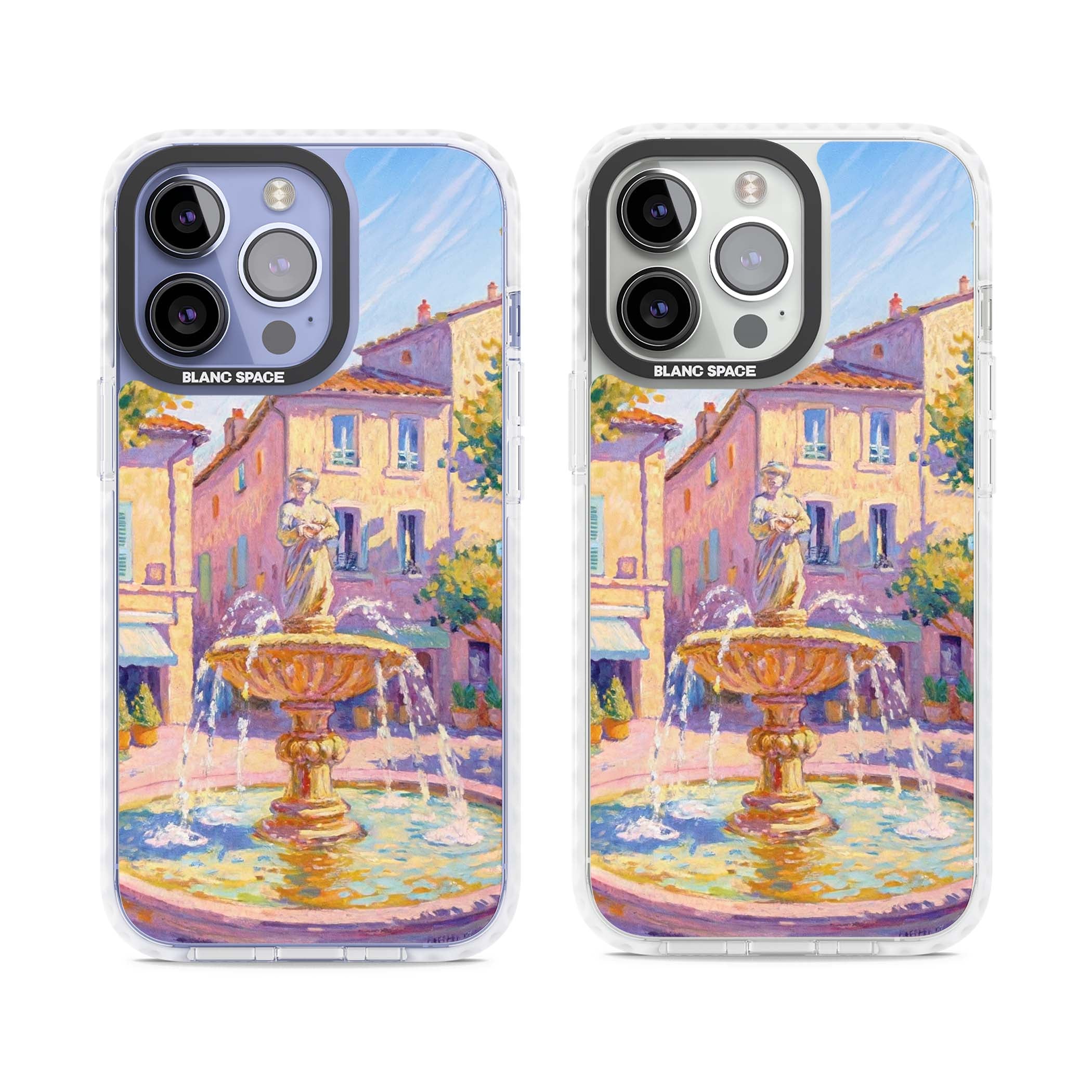 Fountain Square fine art iPhone case featuring an impressionist Provençal fountain, pastel village buildings and summe | Impact Magsafe case for iPhone 13 Pro, iPhone 14 Pro, iPhone 15 Pro