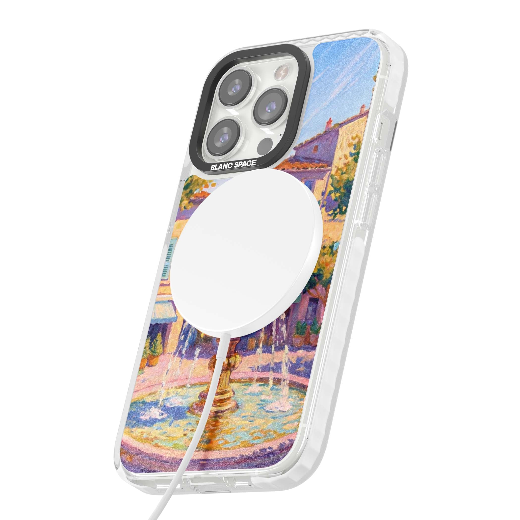 Fountain Square fine art iPhone case featuring an impressionist Provençal fountain, pastel village buildings and summe | Impact Magsafe case for iPhone 13 Pro, iPhone 14 Pro, iPhone 15 Pro