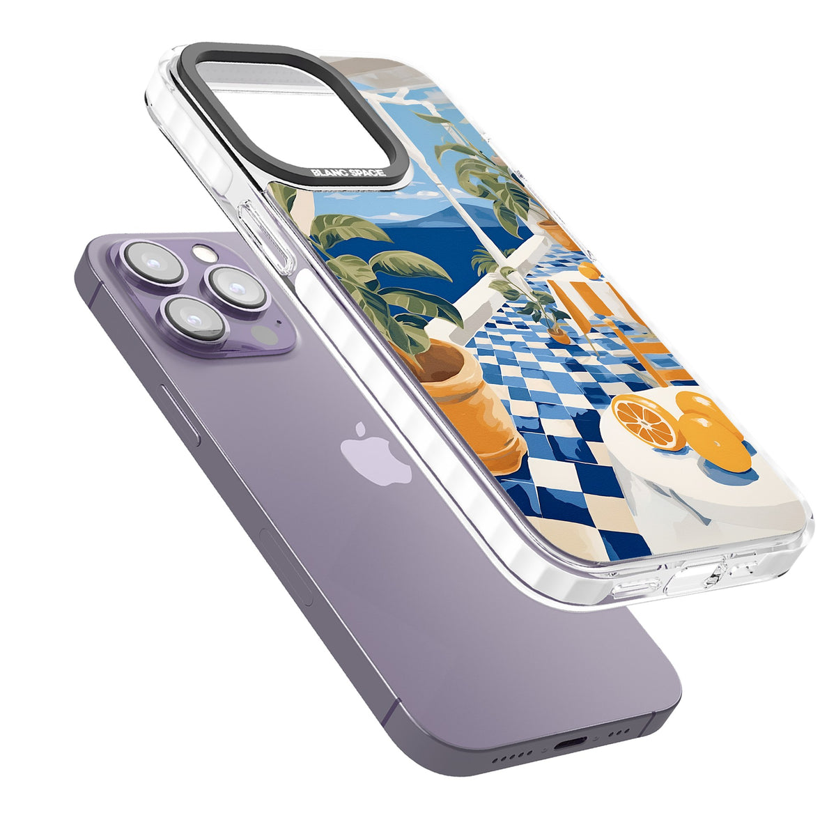 Greek Balcony iPhone 13 Pro / iPhone 13 Pro Max / iPhone 14 Pro / iPhone 14 Pro Max / iPhone 15 Pro / iPhone 15 Pro Max Impact Pro Clear Phone Case angled