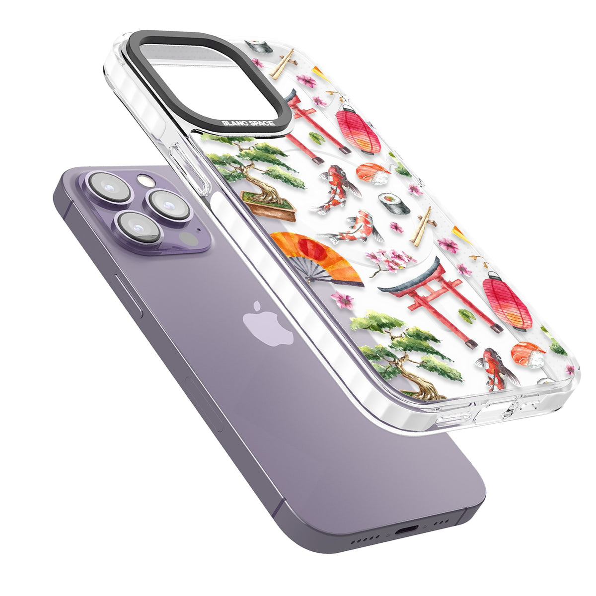 Japanese Watercolor iPhone 13 Pro / iPhone 13 Pro Max / iPhone 14 Pro / iPhone 14 Pro Max / iPhone 15 Pro / iPhone 15 Pro Max Impact Pro Clear Phone Case angled